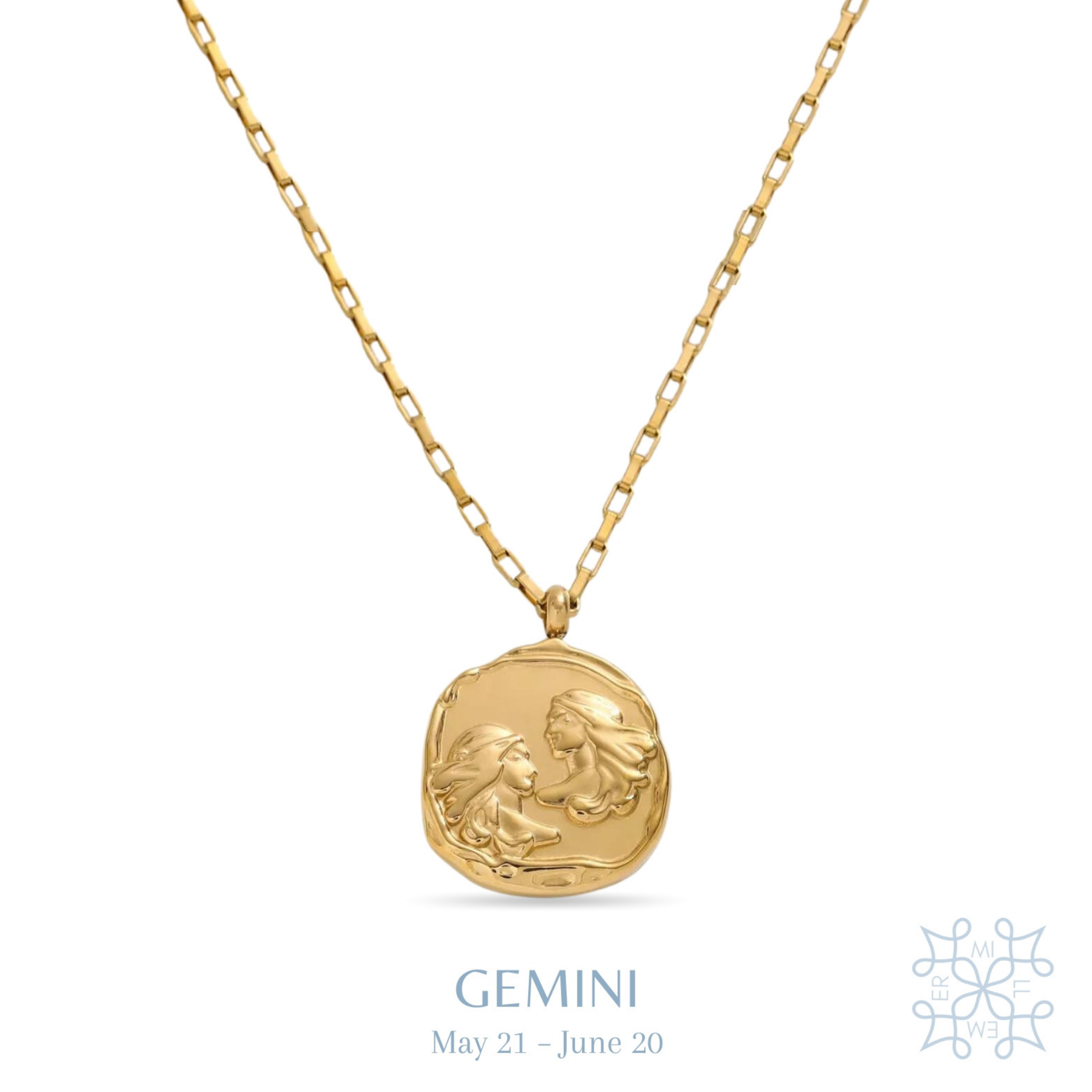 Gemini Zodiac Medallion Gold Necklace - Gold plated medallion irregular shape with two people representin the twins - geminis on it. Gold chain necklace.
