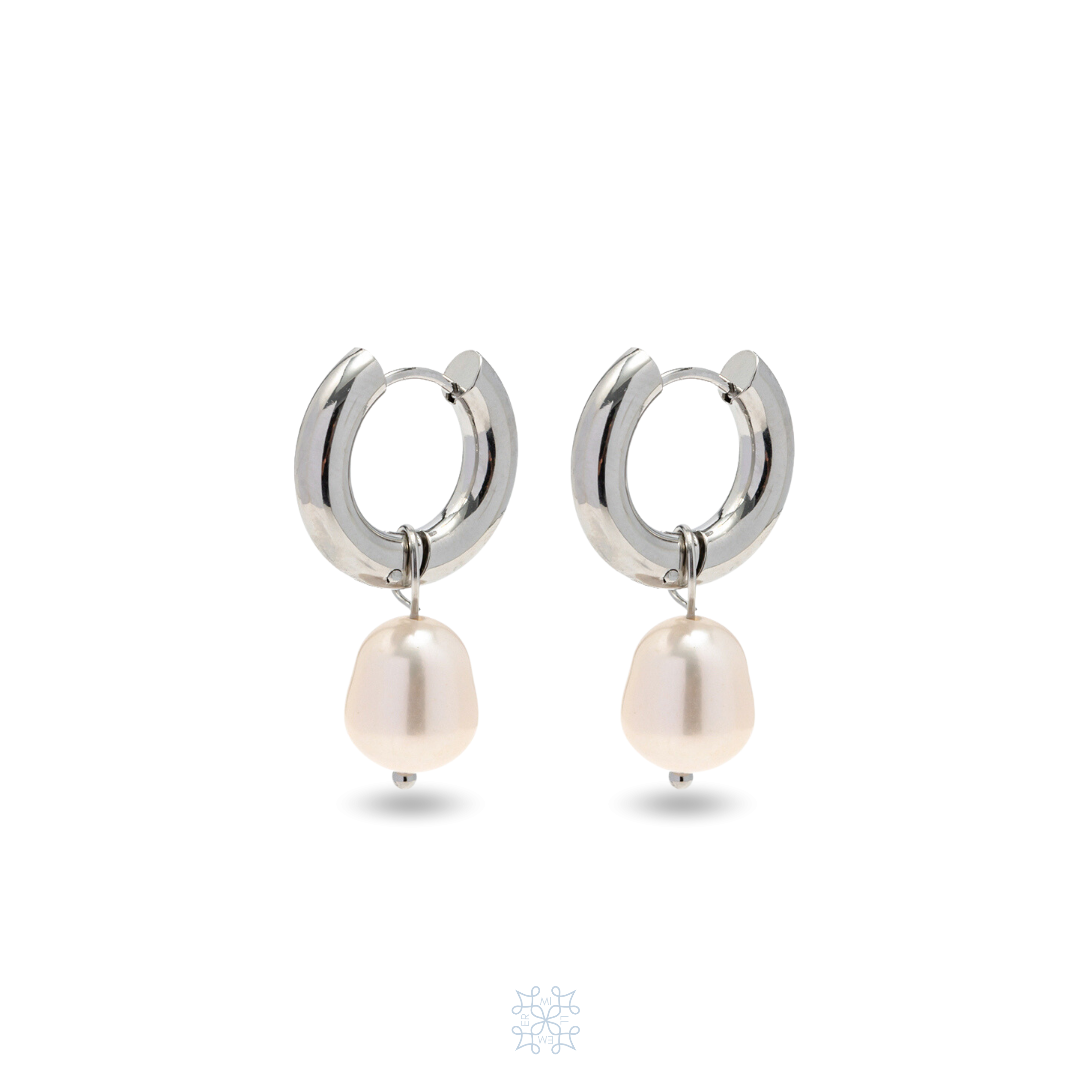 Silver plated hoop earrings with detachable pearl droping. Round shape of hoop with freshwater pearl