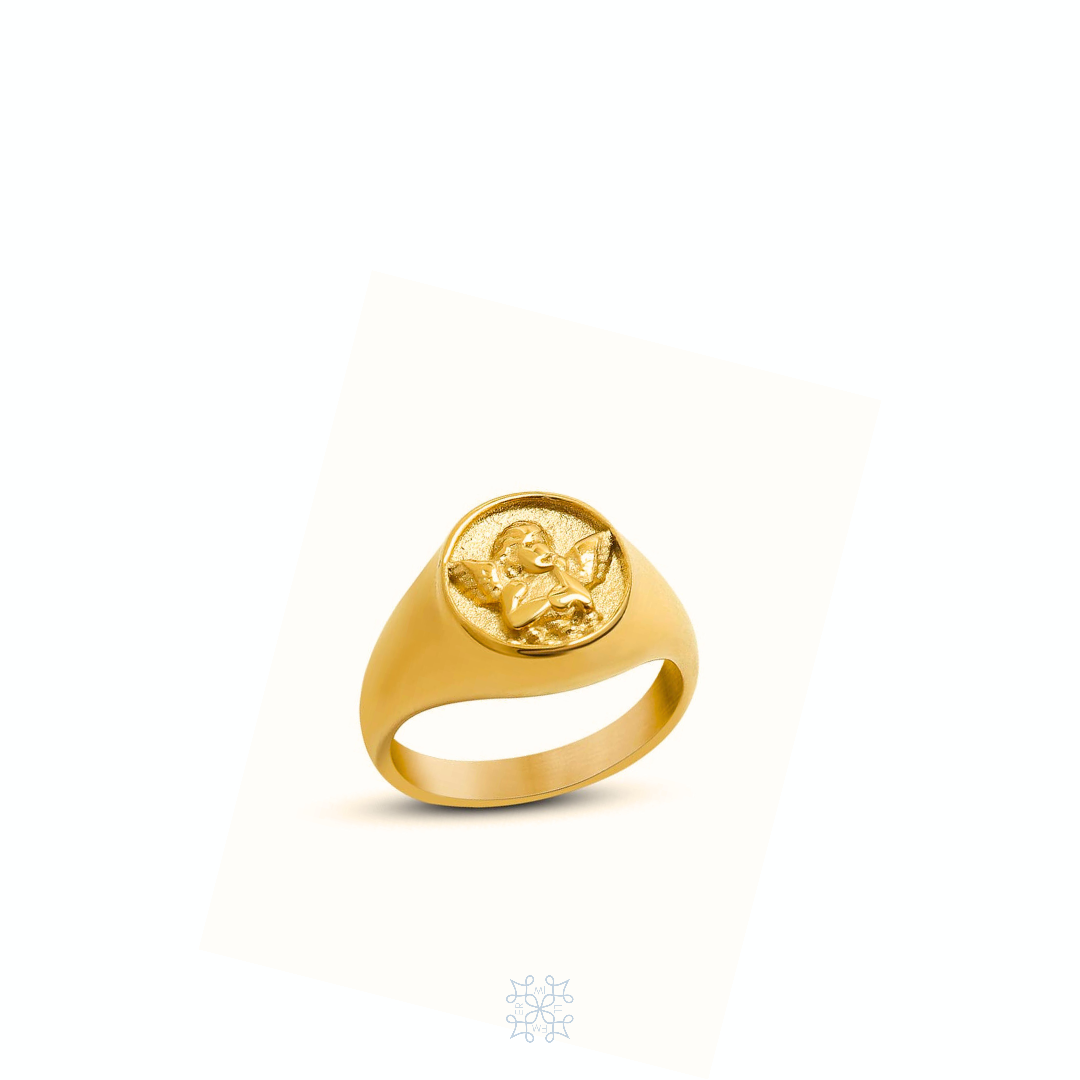 Angel Gold Ring. Gold ring with a square  design of an angel on top of the ring