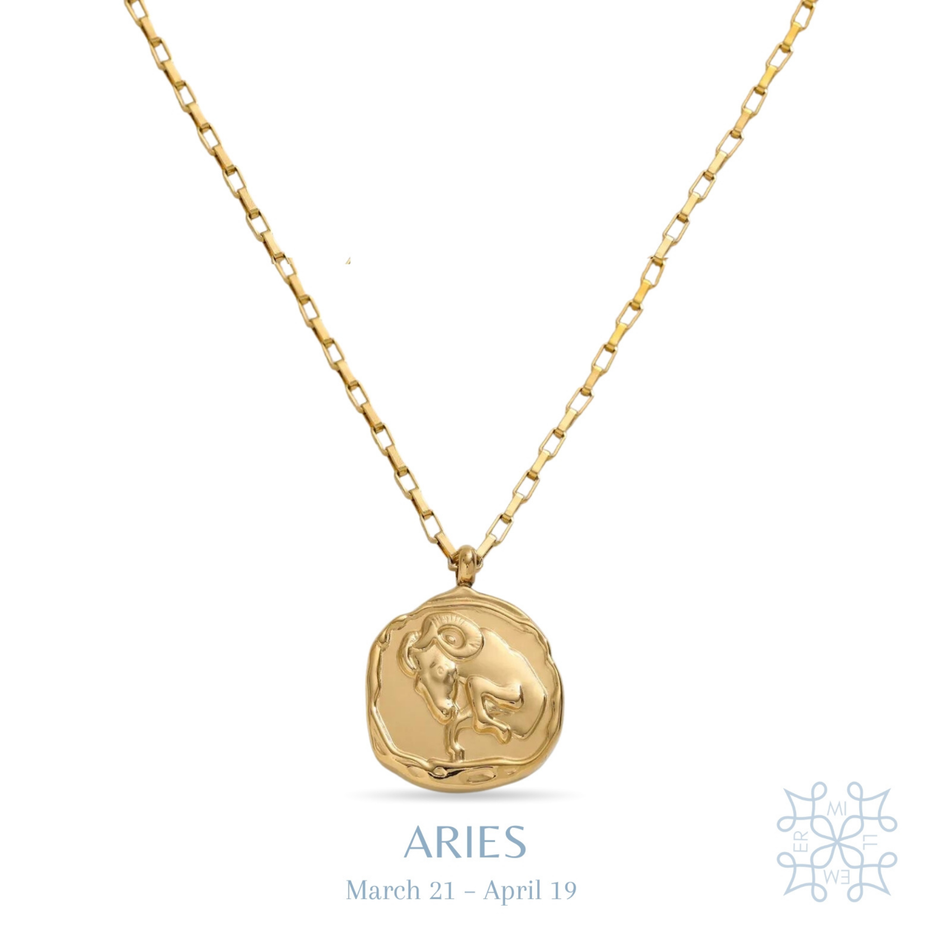 ARIES Zodiac Medallion Gold Necklace.a medallion in an irregular round shape. with the sign of the ram carved in the middle of it. vintage style. The locket comes hanging on a gold chain