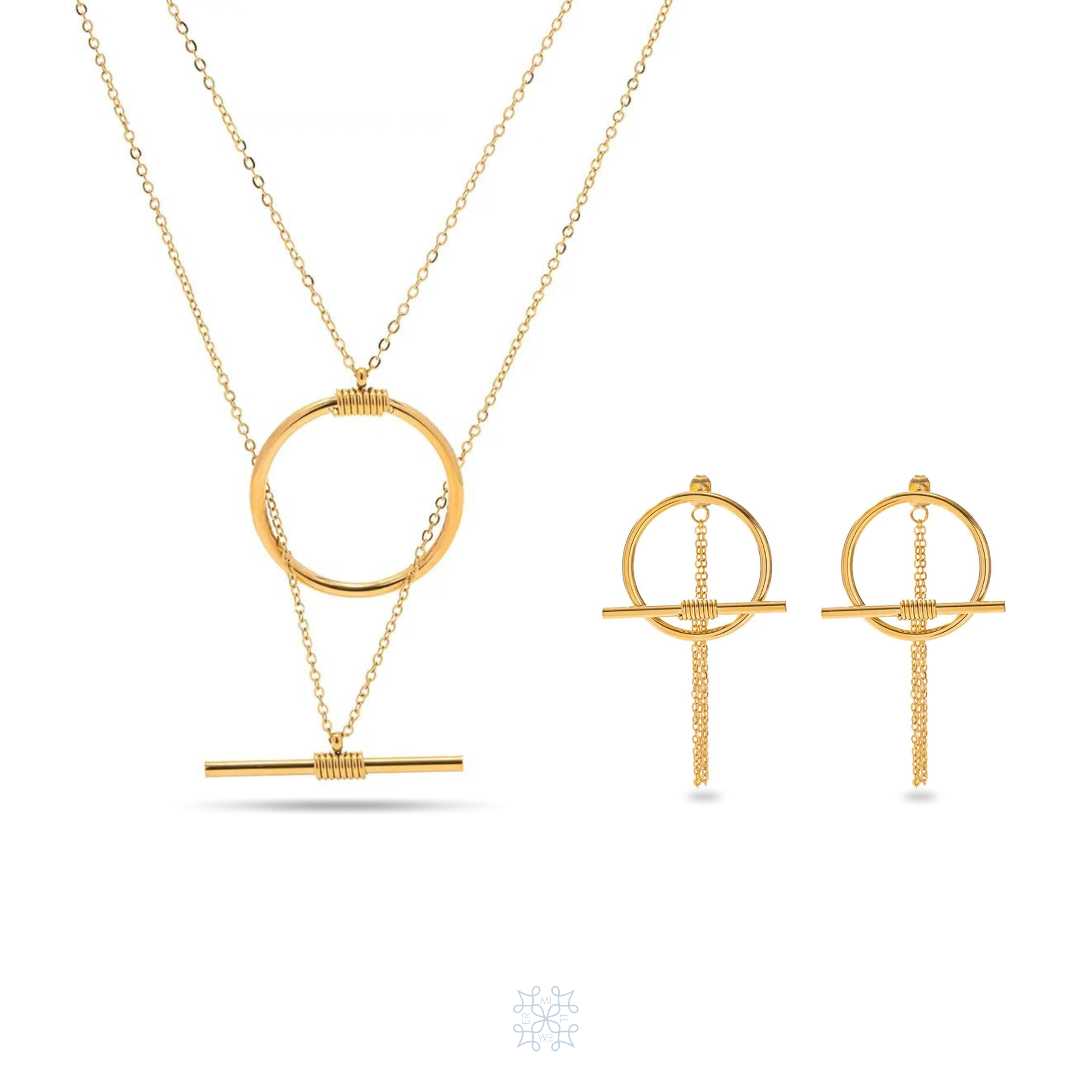 BALANCE Set Gold -Chain Necklace paired with drop chain earrings. Circle pendant on the necklace. Ciurcle hoop earrings with a chin attached at the posts on the back.