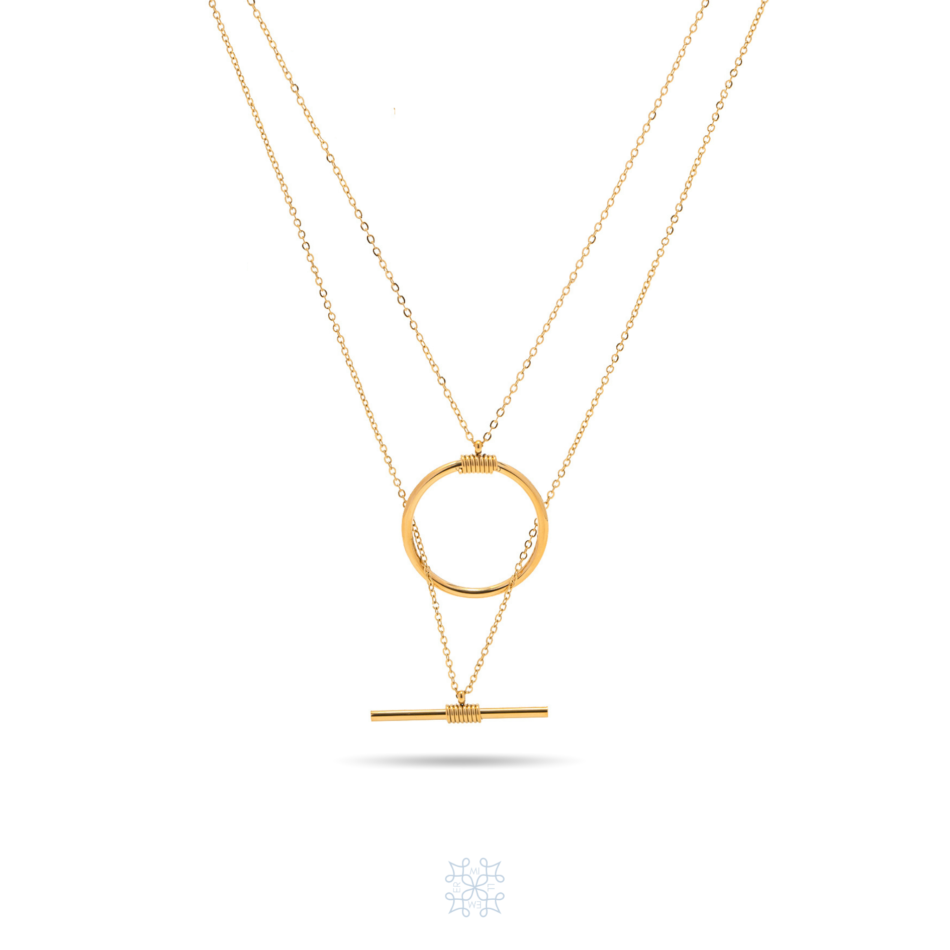 BALANCE Pendants Gold Necklace -gold pendant consisting of two parts. One chain has a metal hanging in the shape of a circle which comes shorter and the other chain has a horizontal metal hanging which comes longe