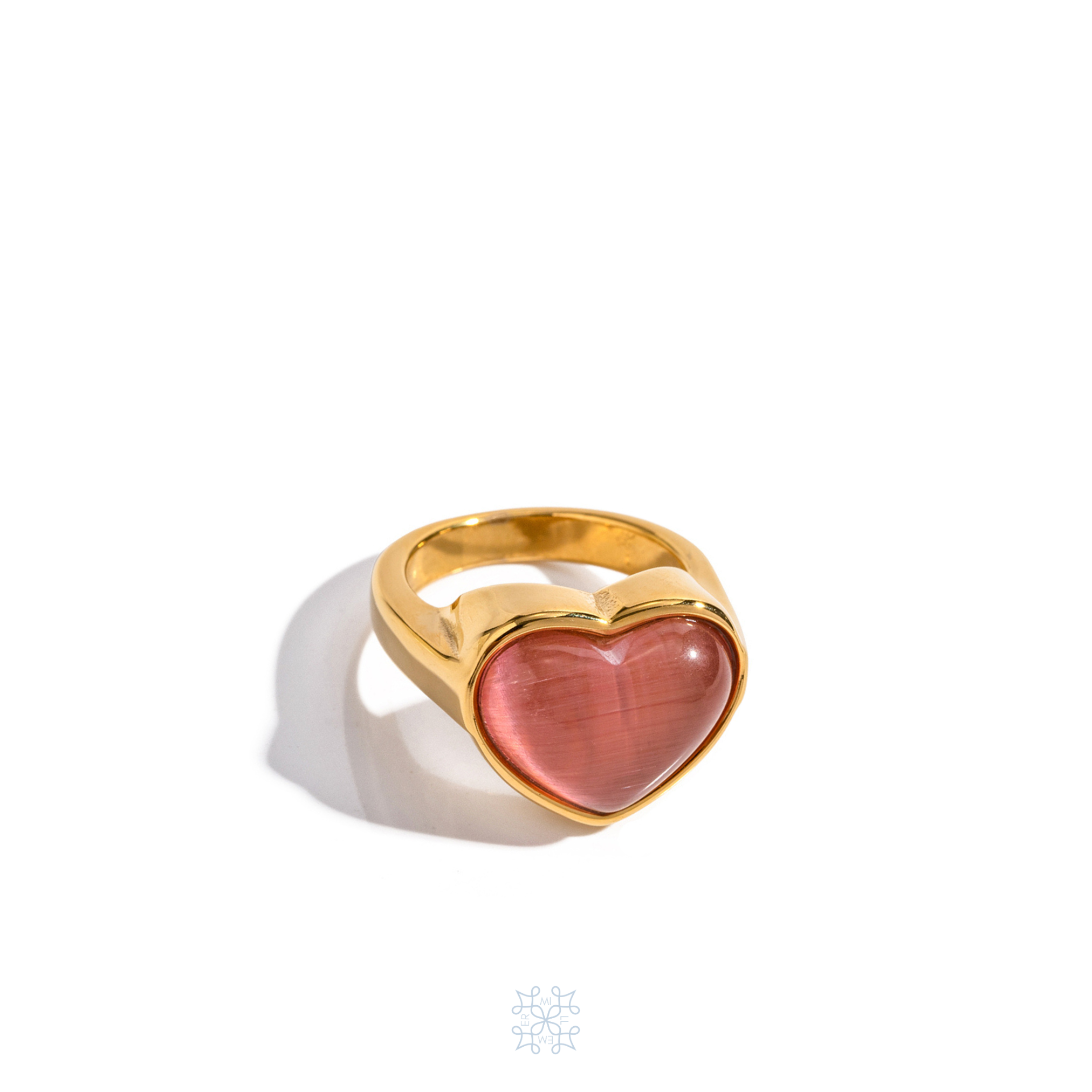 Gold Heart ring. Pink cat eye stone heart shape in the top of the ring. Barbie Pink Heart Gold Ring. 