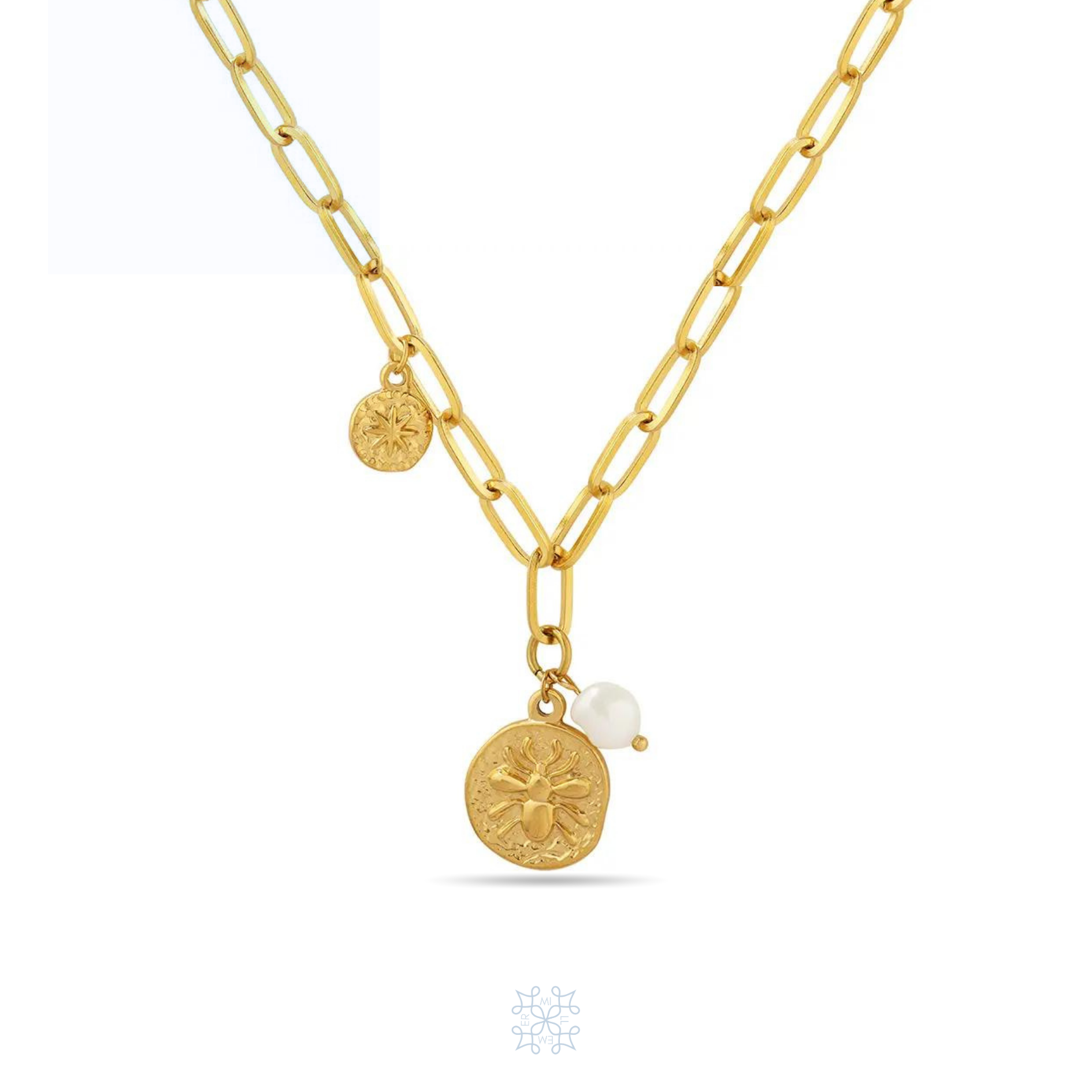 a medallion with a vintage texture. with a bee engraved on the medallion. a white pearl hangs on the side of the locket, on the other side hangs a smaller locket with a star engraved on it. the three parts are hanging on a gold chain.