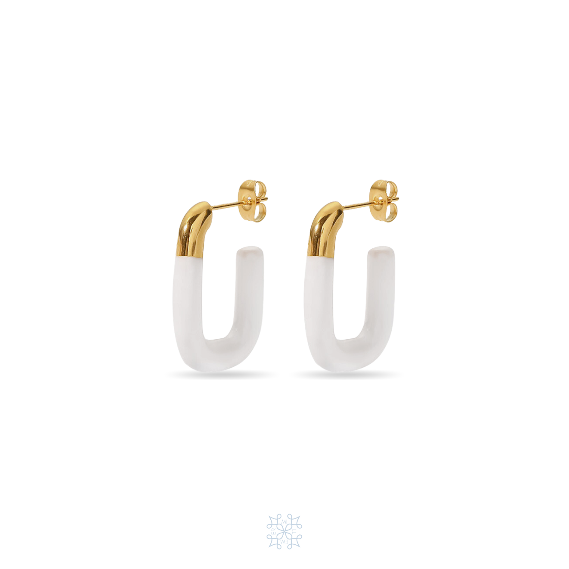 Gold Hoop Earrings Shaped in the form of letter U, more than half painted in white Enamel.