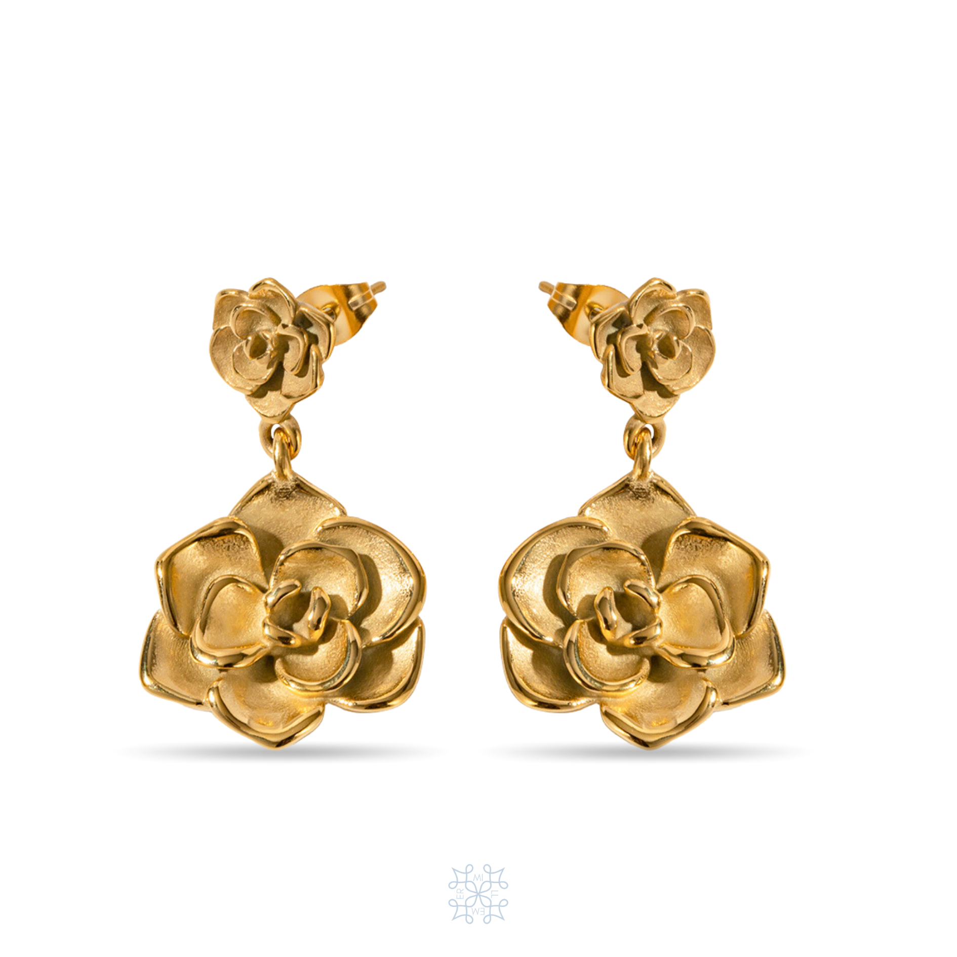 BLOOM Gold Drop Earrings. Rose shaped earrings, Small rose on top , bigger rose chained in the bottom part of the earrings.