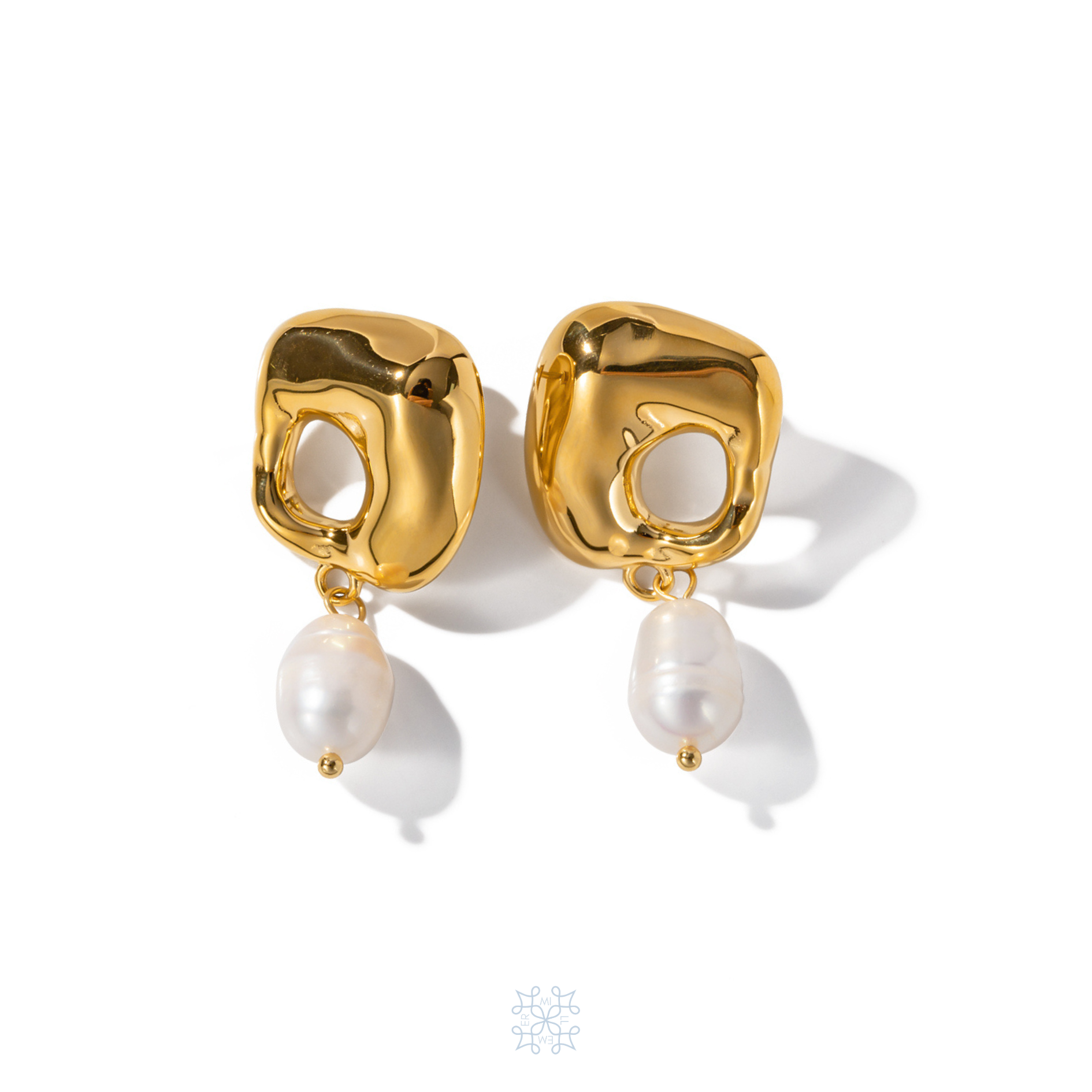 Pearl Gold Earrings. Pearl drop at the bottom of the earring. The upper part is made of irregualr square shiny , chunky surface. 