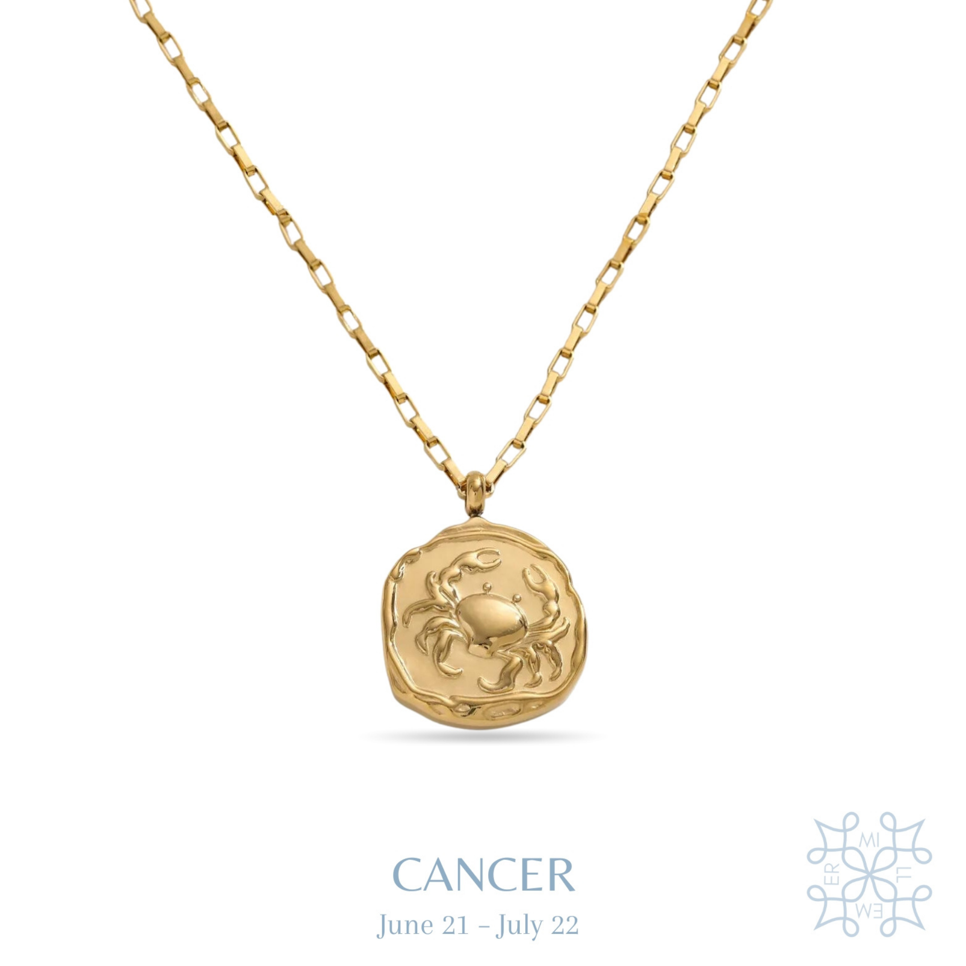 Cancer Zodiac Medallion Gold Necklace -gold pendant with a hanging medallion. The zodiac sign of the crab engraved on the medallion. The shape of the medallion is round and irregular