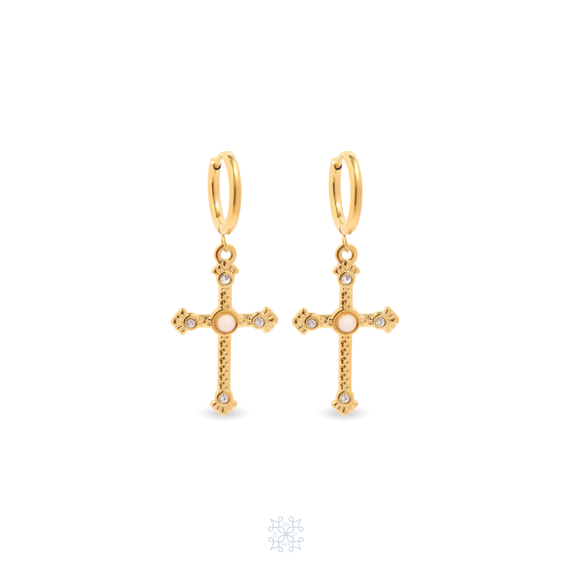 GOLD Earrings, A cross pendant on a small hoop. The cross is adorned by zircons and a white central white small pearl.