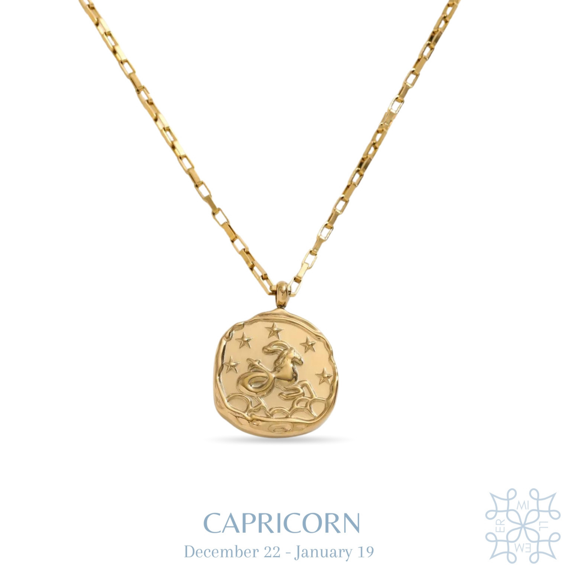 CAPRICORN ZODIAC MEDALLION GOLD NECKLACE - gold chain. medallion with an irregular shape. The sign of the goat is engraved on the medallion with a typical half-fish, half-animal image of the goat. Five engraved stars are on the top of the goat.