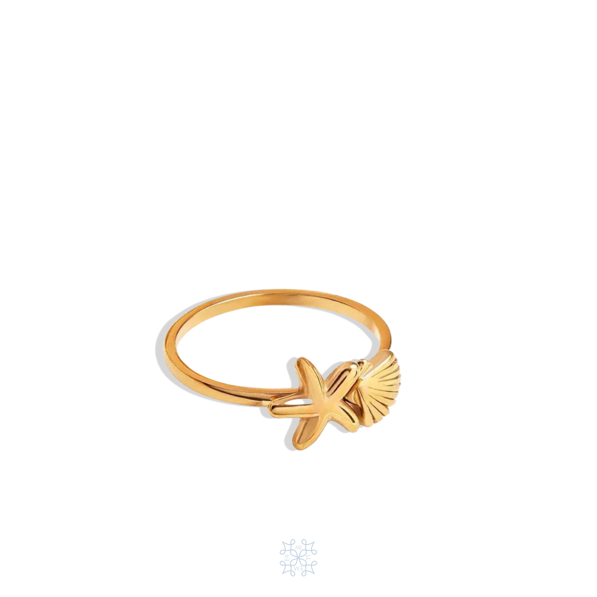 Gold plated ring. A star and a shell on the top of the halo ring. Elegant ring. Caribbean star shell gold ring.