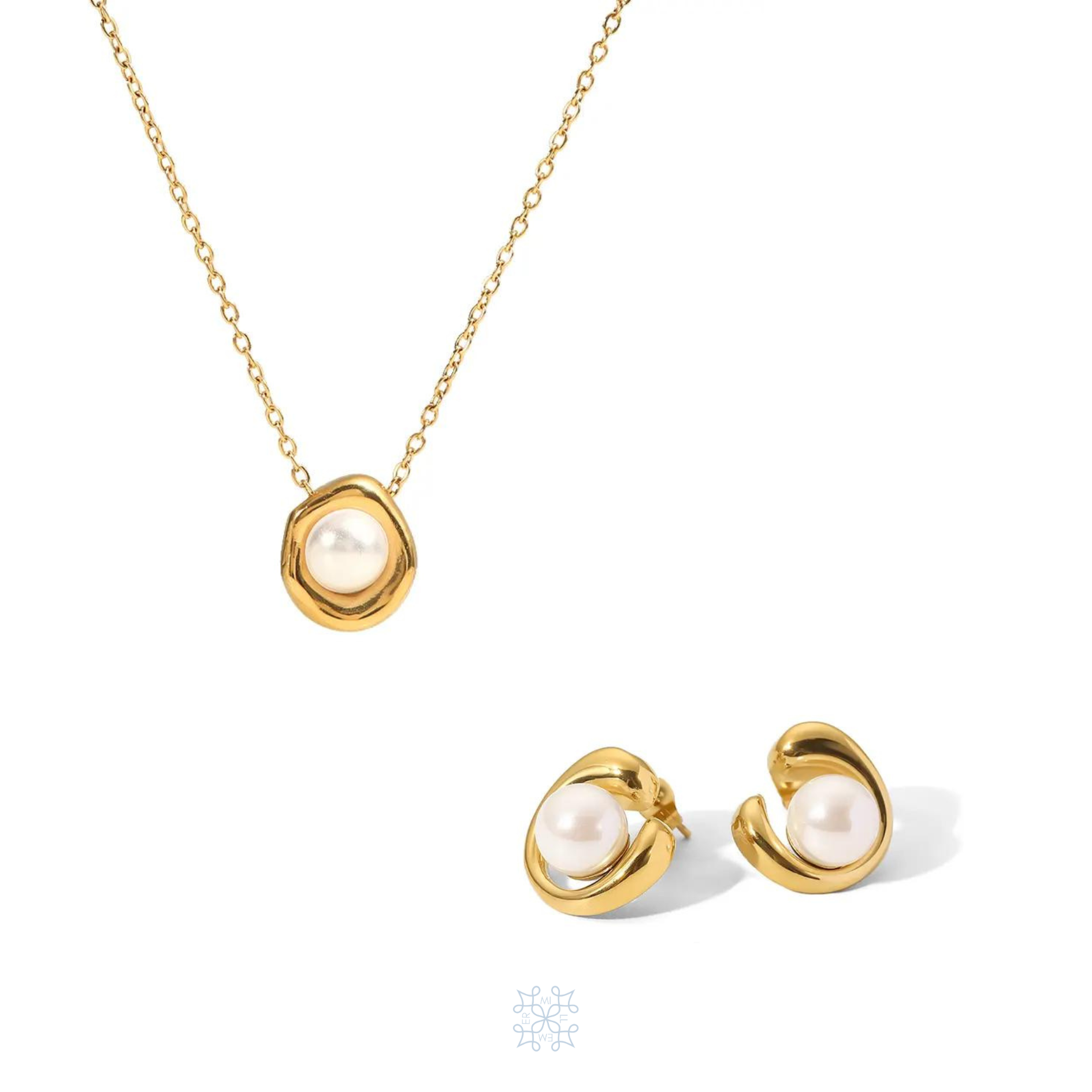 CLAM Pearl Gold Set Necklace and Earrings. Gold irregular oval shape pendant with a pearl in the middle. Gold stud earrings with e pearl attached in the middle. 