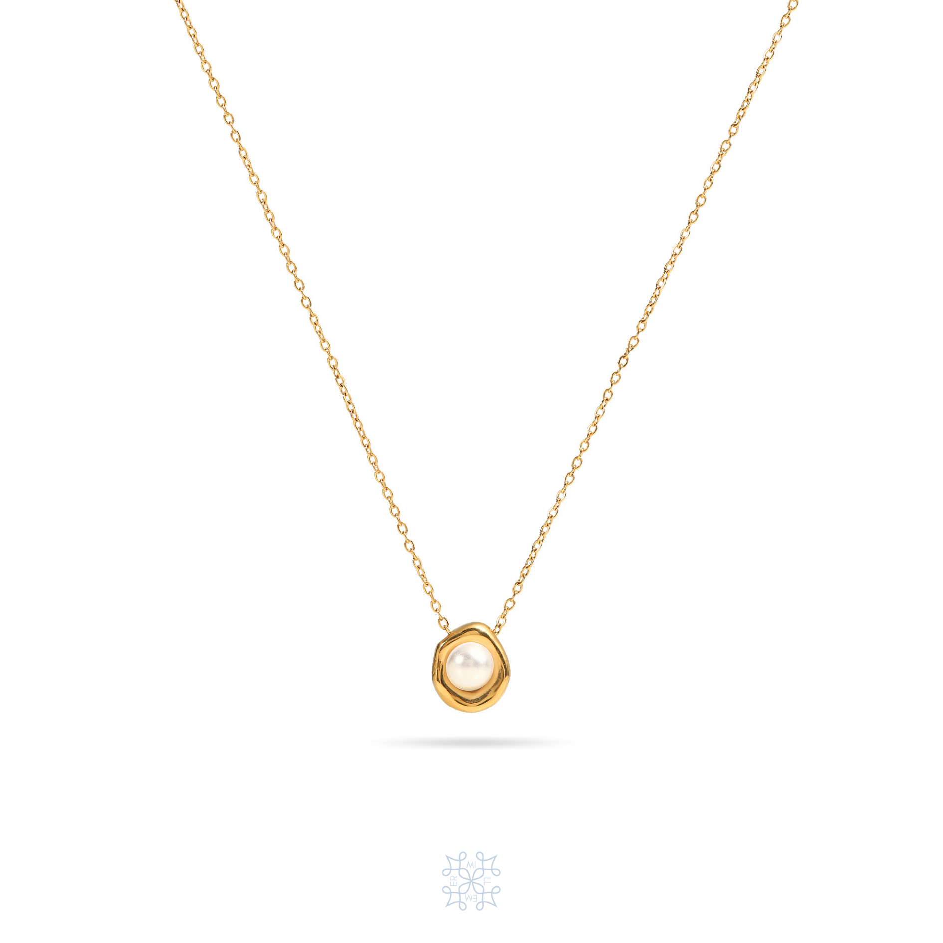CLAM Pearl Gold Necklace - GOLD plated chain with a small pendant. Gold oval irregular shape with a white pearl in the middle.