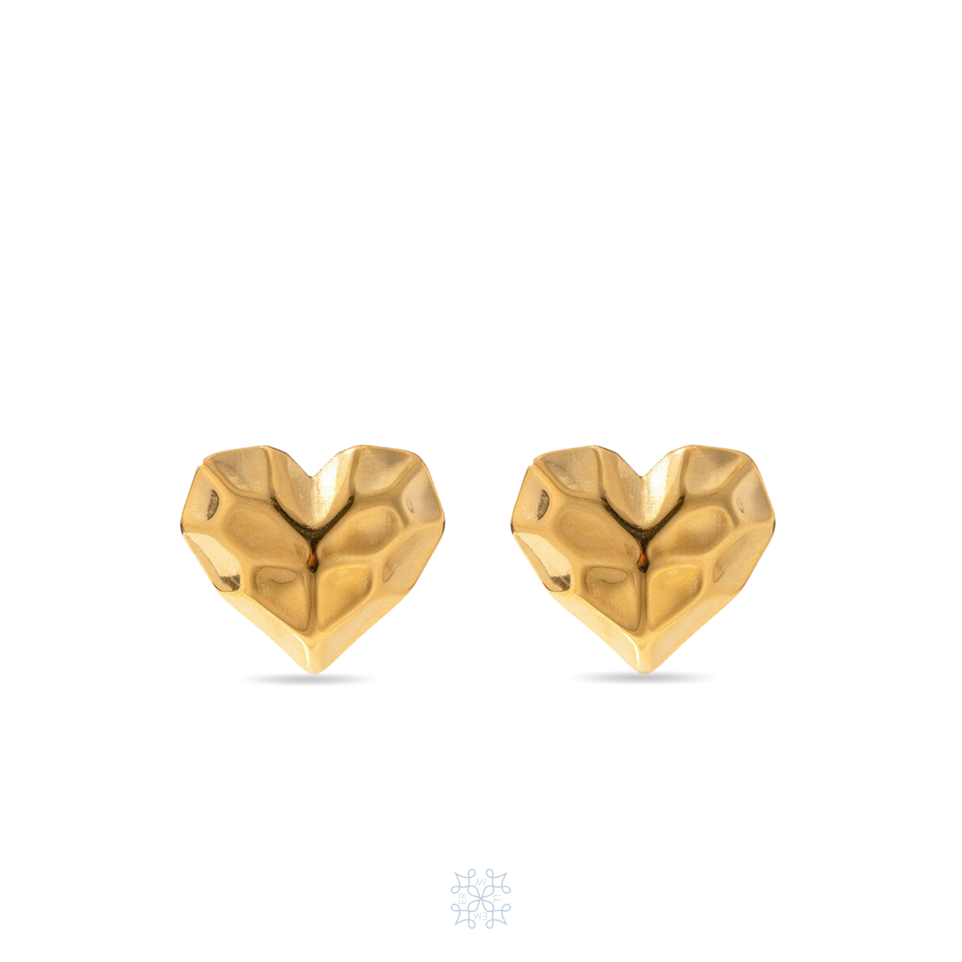 Heart shapped gold earrings. Hammered surface of the stud earrings. waterproof earrings