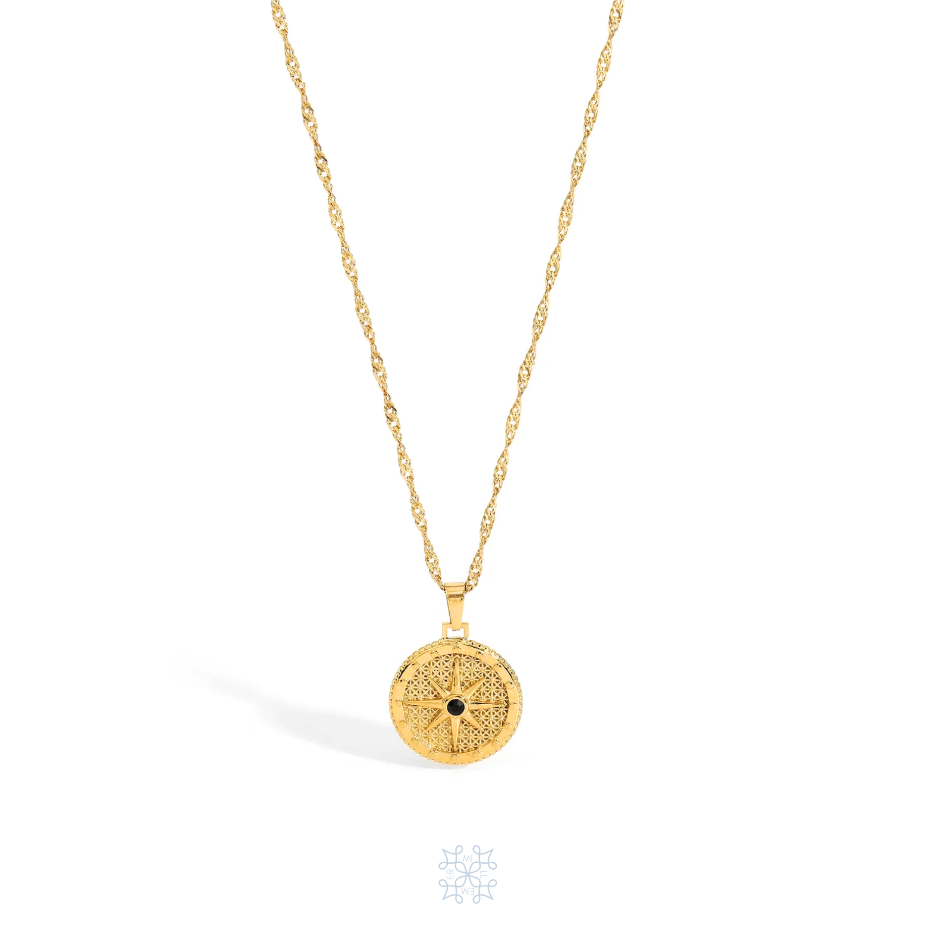 Circle Round waterproof pendant. Compass gold pendnat. Gold chain. The pandant is droped on the chain. A black zircon is in the moddle of the pendant. Compass Pendant Gold Necklace.