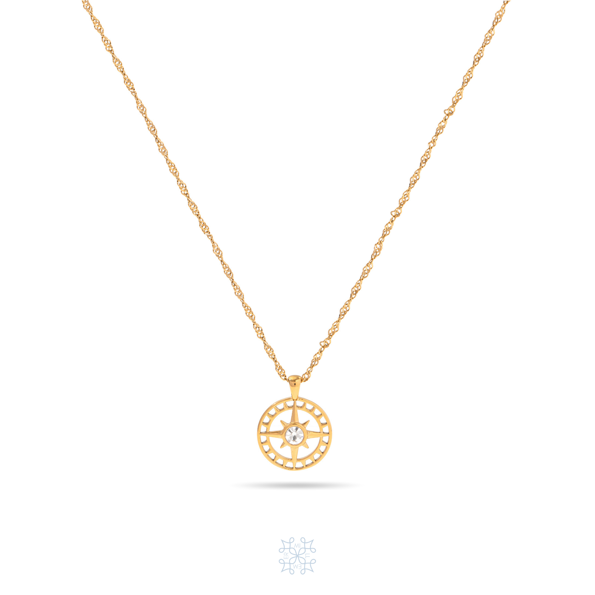 COMPASS Pendant Zircon Gold Necklace. gold chain necklace. Compass pendant with a zircon on the center of the pendant.