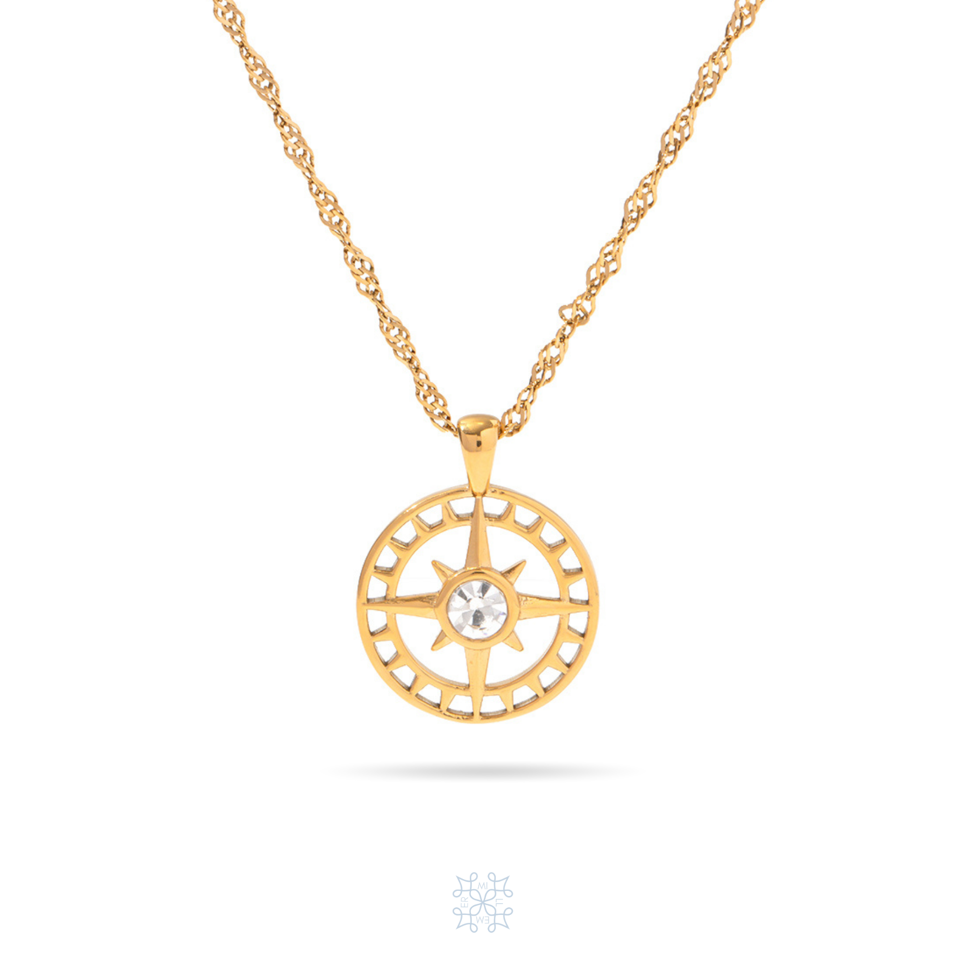 COMPASS Pendant Zircon Gold Necklace. gold chain necklace. Compass pendant with a zircon on the center of the pendant.
