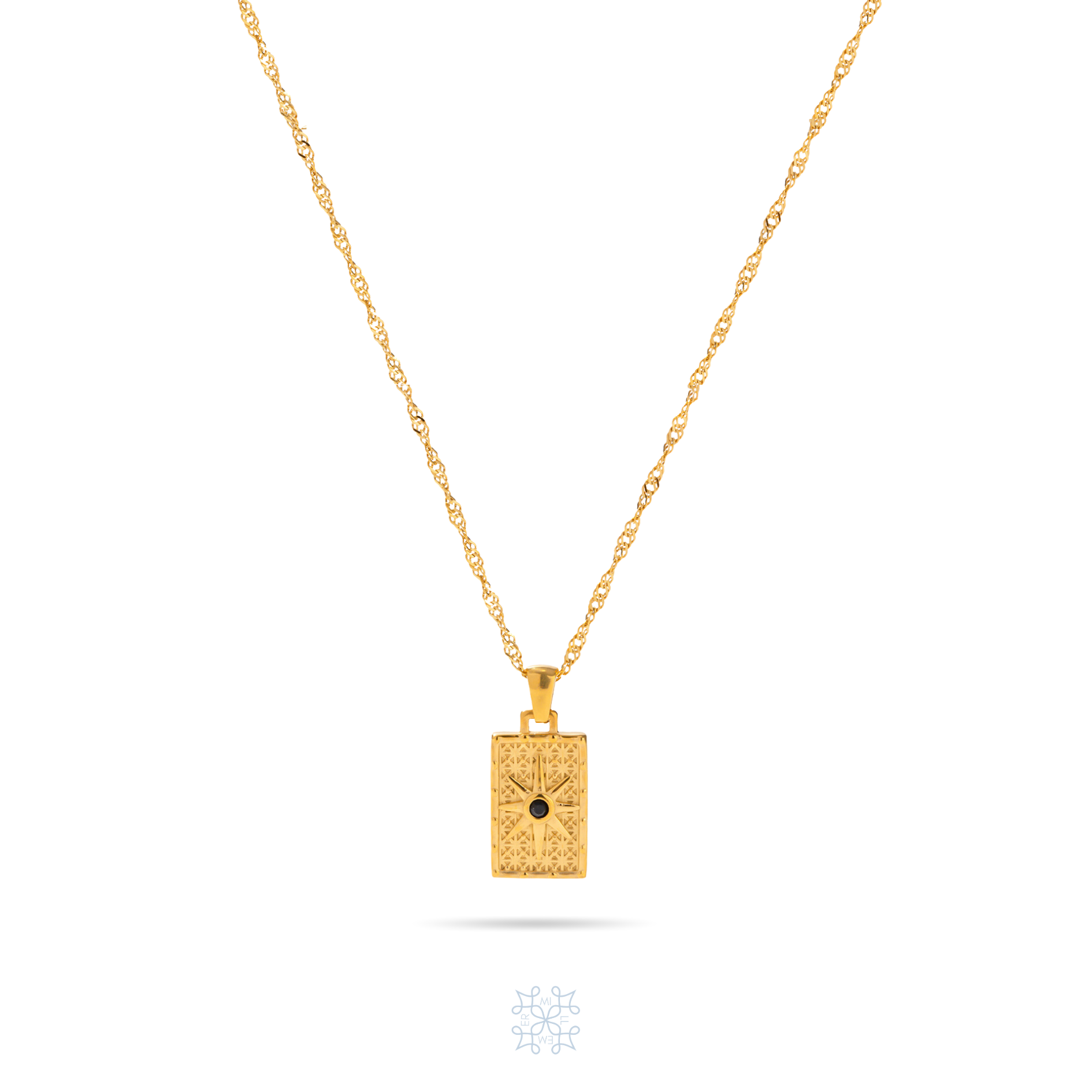Rectangular compass Gold pendant. A star engraved in the top of the pendant with a black zircon in the middle. th ependant has the same design in both sides of ot. It has a long gold chain. COMPASS Rectangular Pendant Gold Necklace. 