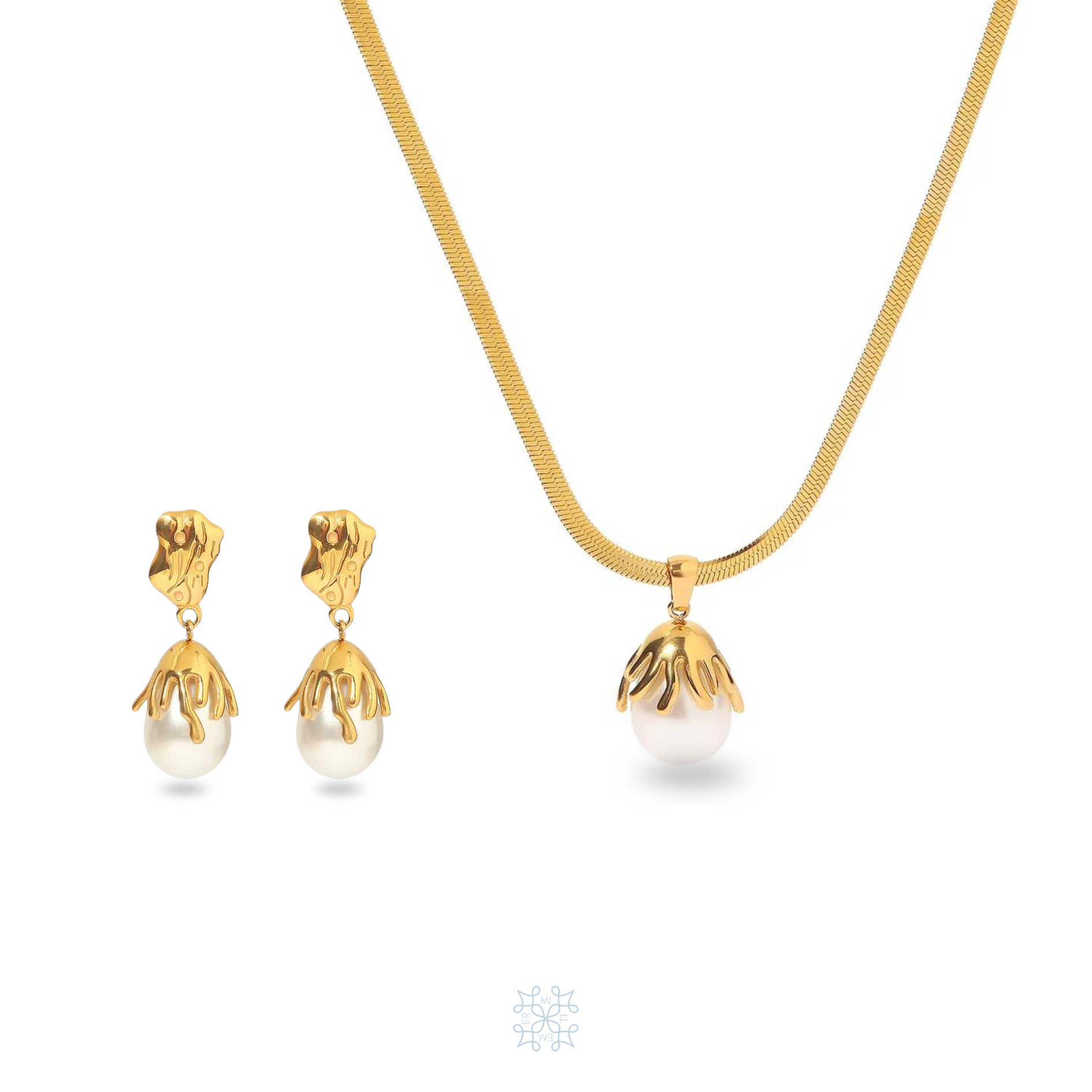 A gold set with earrings and necklace. The necklace has a snake herringbone pattern chain. A flower pendant with pearl attached in the coral flower shape. The same design the pearl flower gold coral earrings.