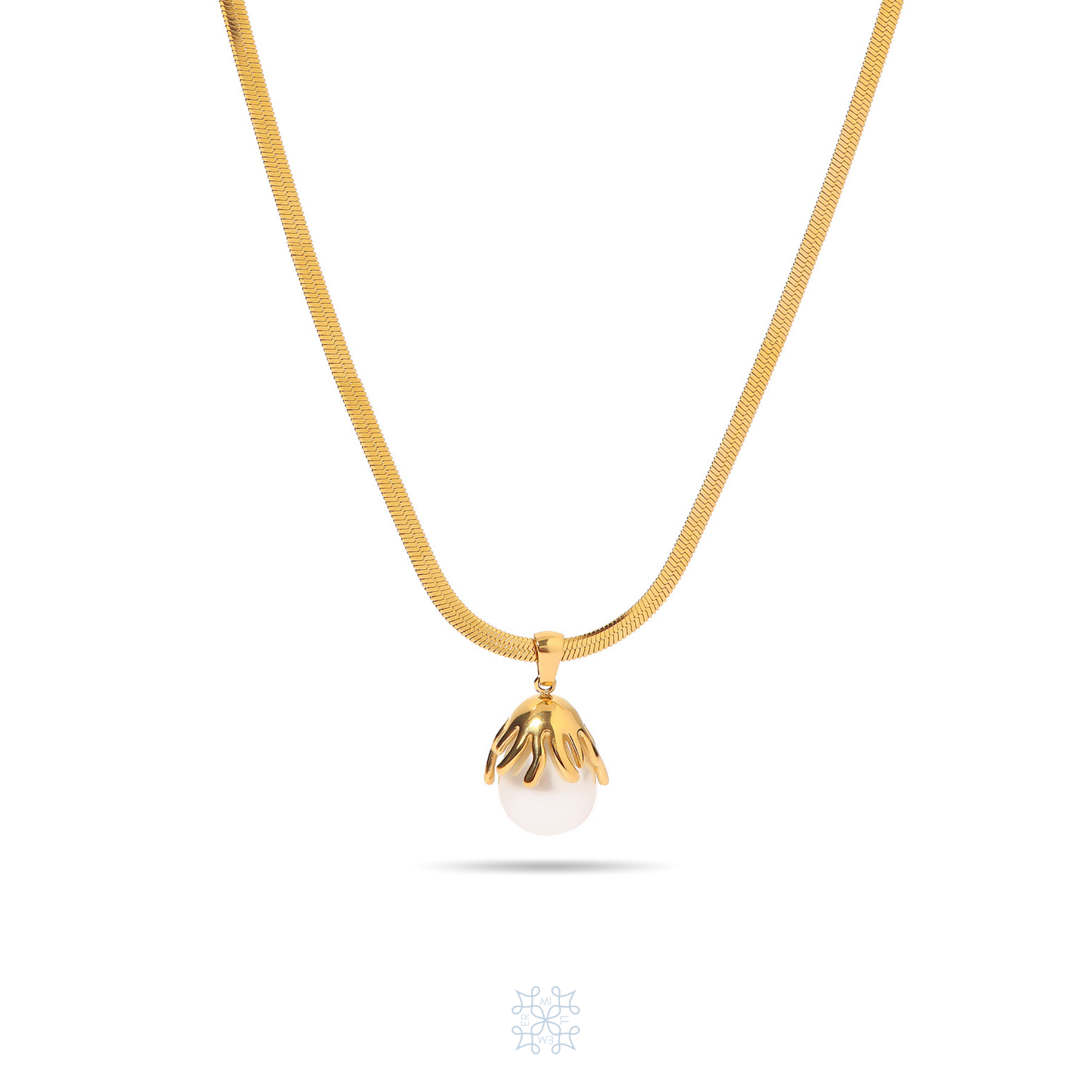 CORAL Pearl Pendant Gold Necklace - Herringbone gold chain with pearl pendant. The pearl is attched in the inside of a gold coral or flower shape metal pendant.