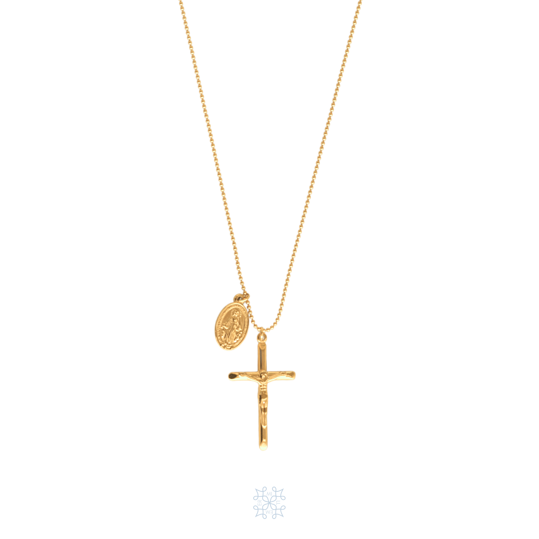 Gold cross pendant necklace. Cross pendant with jesus crist in the crucifix. Oval shape small drop on the side with mother mary on top of it.