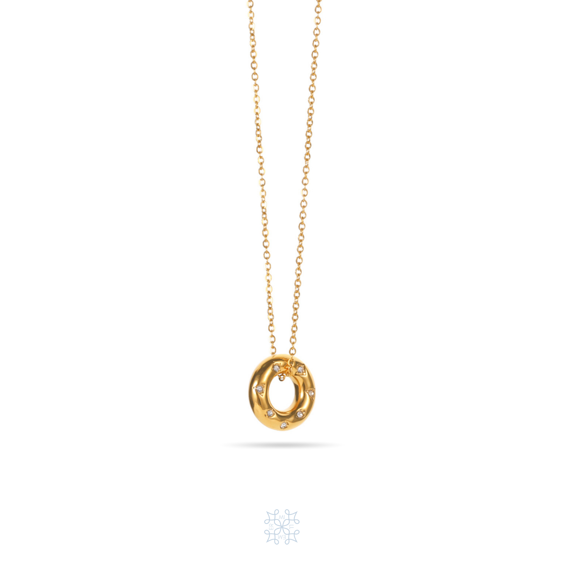Gold chain necklace with a circle pendant in the shape of a donut with zircons on top of it. Donut zircon pendant gold necklace 