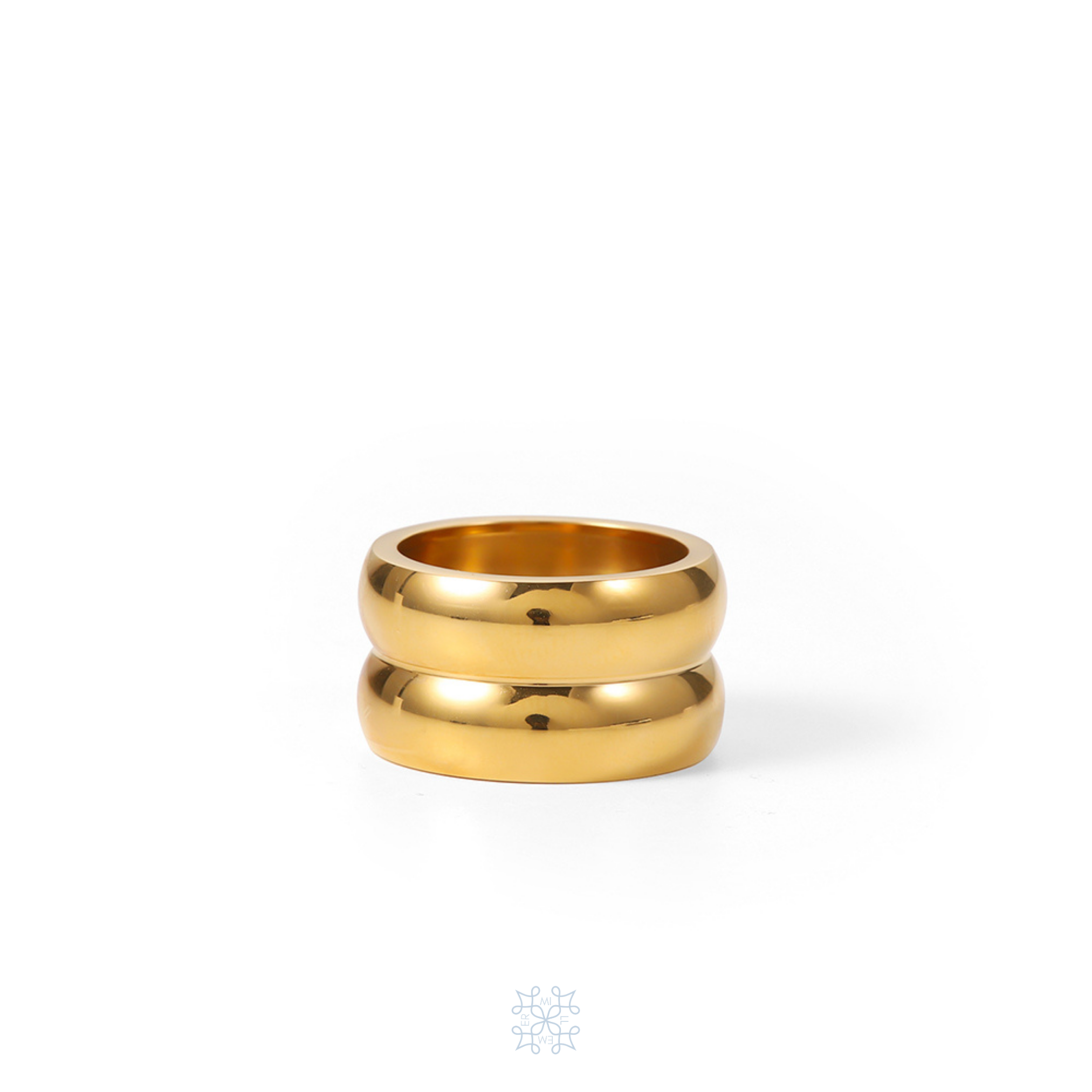 DOUBLE Gold ring. Ring is the shape of two halo rings stacked togetther creating a bold double halo ring.