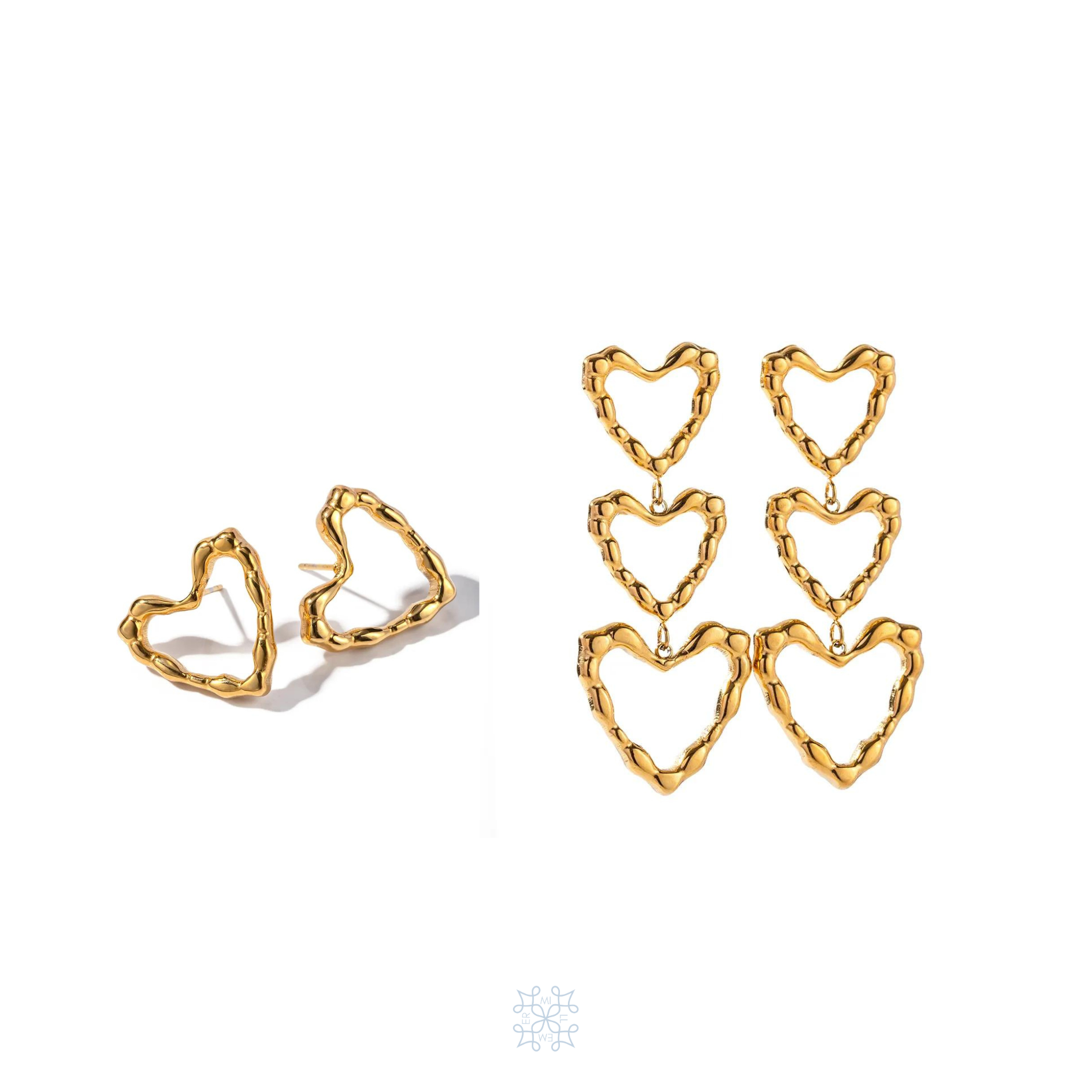 Heart shaped earrings. Dune heart gold Bundle. Two sets of earrings. One pair has 3 drop hearts. One pair has only one heart stud. They create a missmatched set worn together . One side drop earring and the other stud. The shape and texture of bot h designs is irregular heart shape texture. 