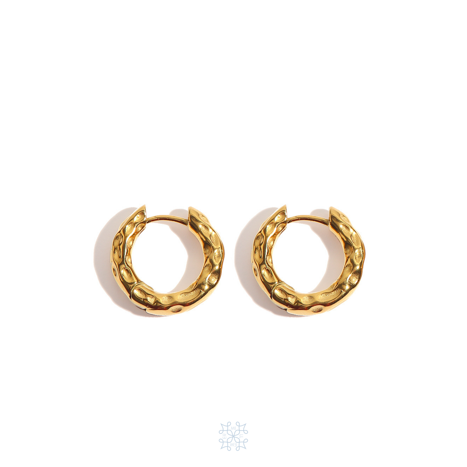 Gold Huggies Earrings, Hoop circle earrings with irregilar border texture. The surface texture Resembles waterdrops on the sand. 