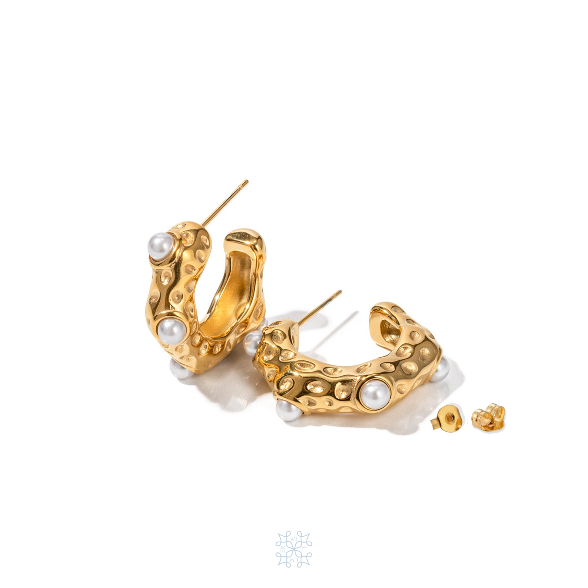 Gold Plated Half Hoop Earrings, Irregular shape resembling the water drops on a dune desert surface, white pearls added in every earring.   
