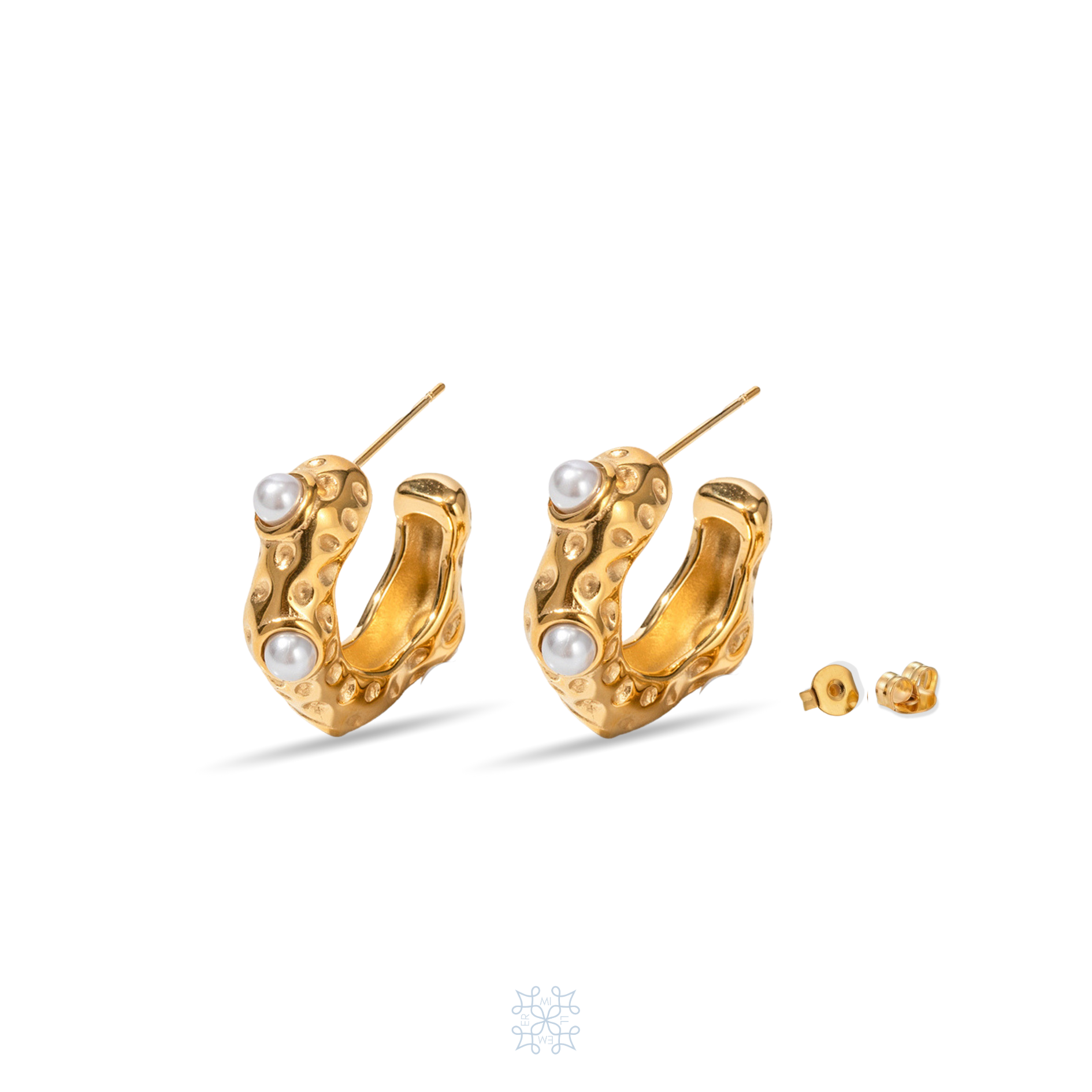 Gold Plated Half Hoop Earrings, Irregular shape resembling the water drops on a dune desert surface, white pearls added in every earring. 
