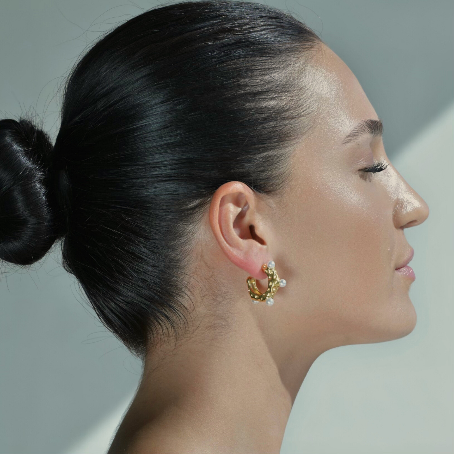 Gold Plated Half Hoop Earrings, Irregular shape resembling the water drops on a dune desert surface, white pearls added in every earring.
