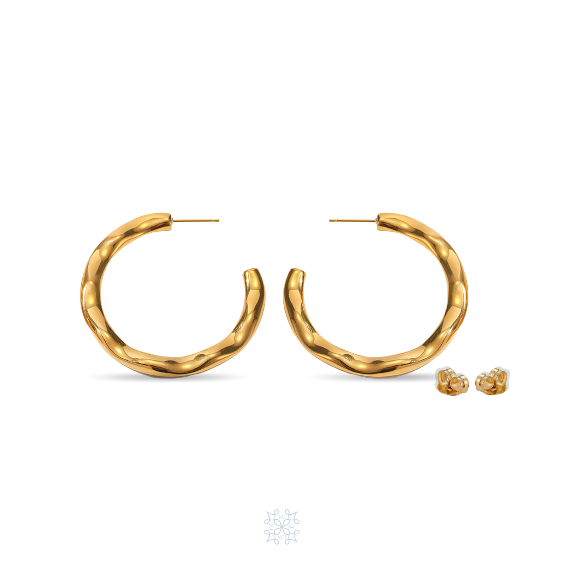 Gold hoop earrings with irregular surface. Big size of gold round earrings. Irregular surface.