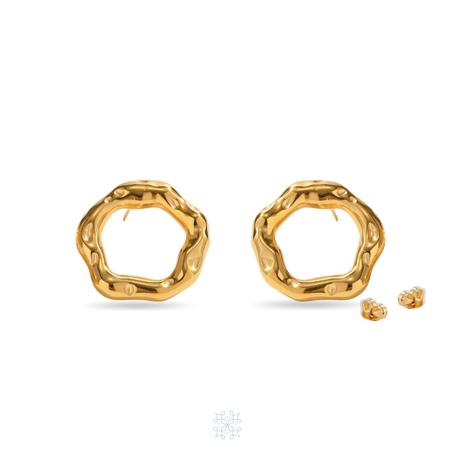 Circle Earrings with irregular shape. Gold plated with texture that imitates movement.