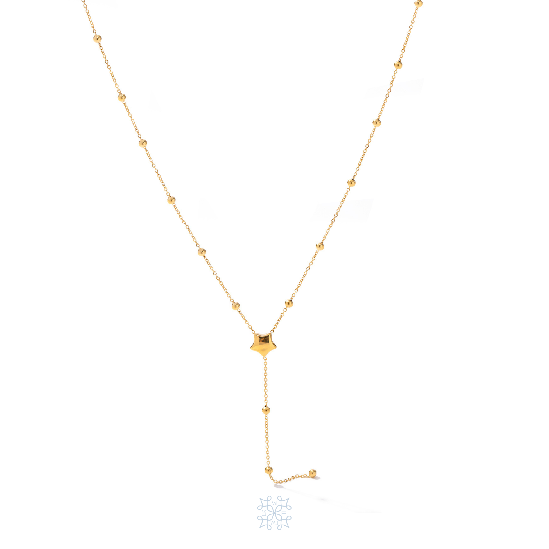 ETOILE Dainty Chain Necklace. Gold dainty chain. Starg gold pendnat in the middle of the chain. A gold beaded chain extension drop from the star pendnat. 