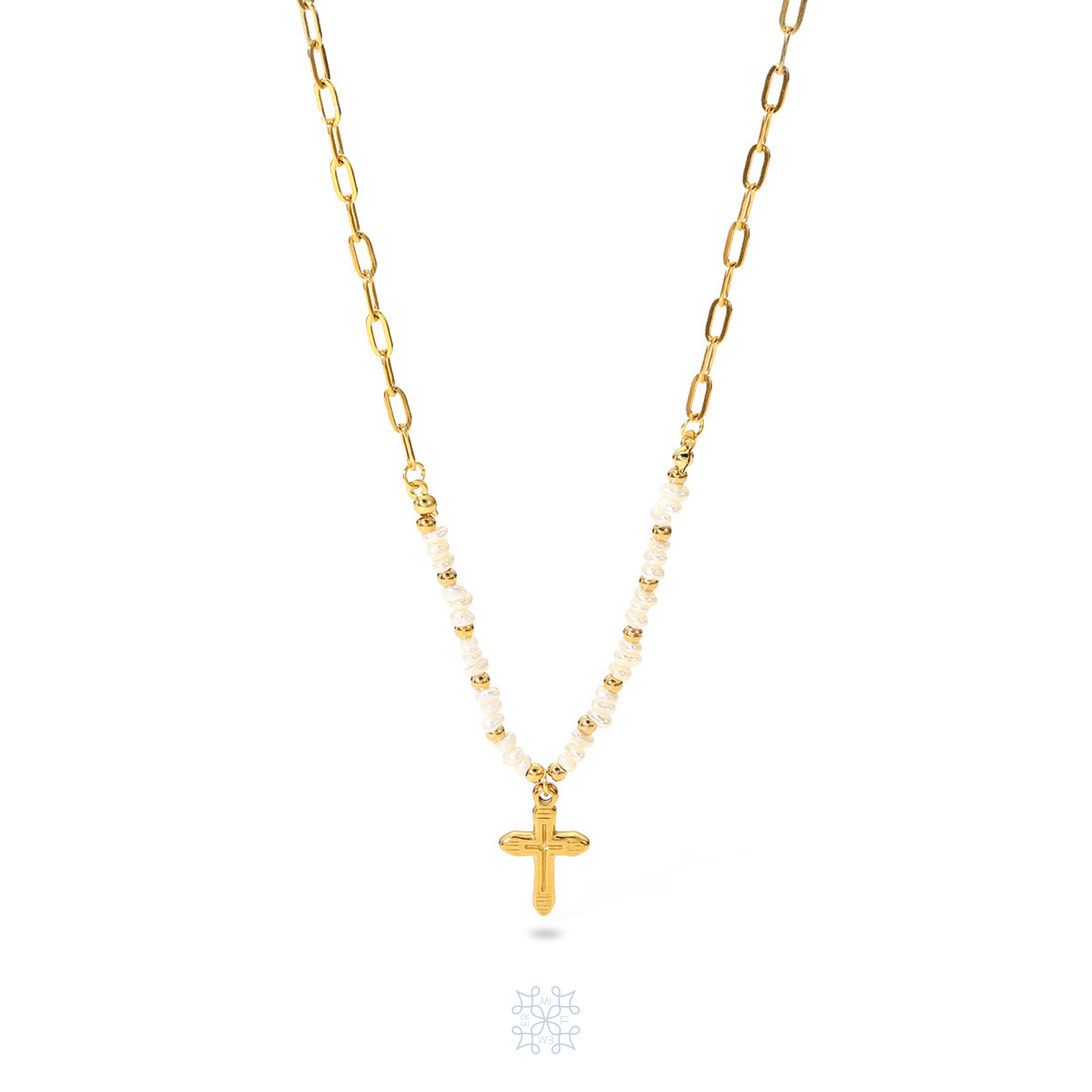 Gold necklace. Gold Cross in the moddle. White pearls on both sides of the cross. Gold Paperclip chain. Faith Pearls Gold Cross Necklace