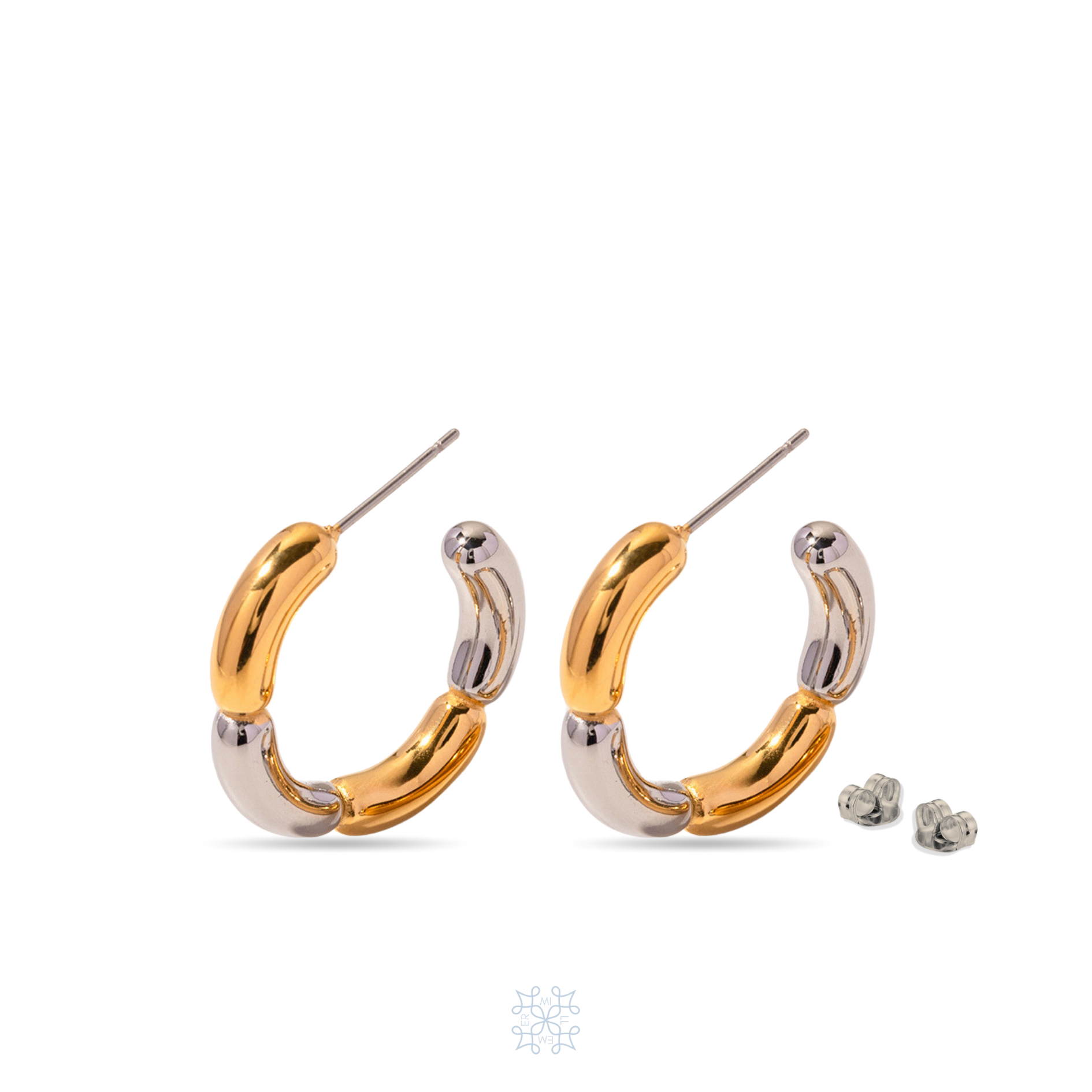 Gold and Silver Hoop earrings divided on chunky segments plated in gold and silver creating a flower shape.