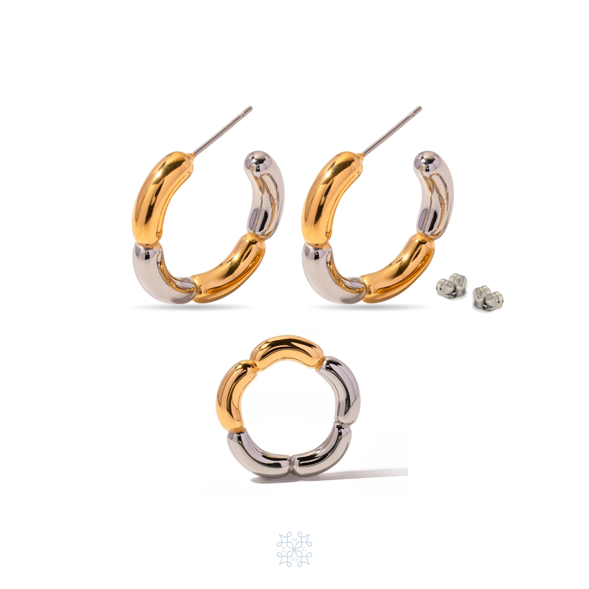 Jewelry set. Gold and silver hoop earrings. Mix metals set. Gold and silver flower shape ring. Hula Gold Silver Set