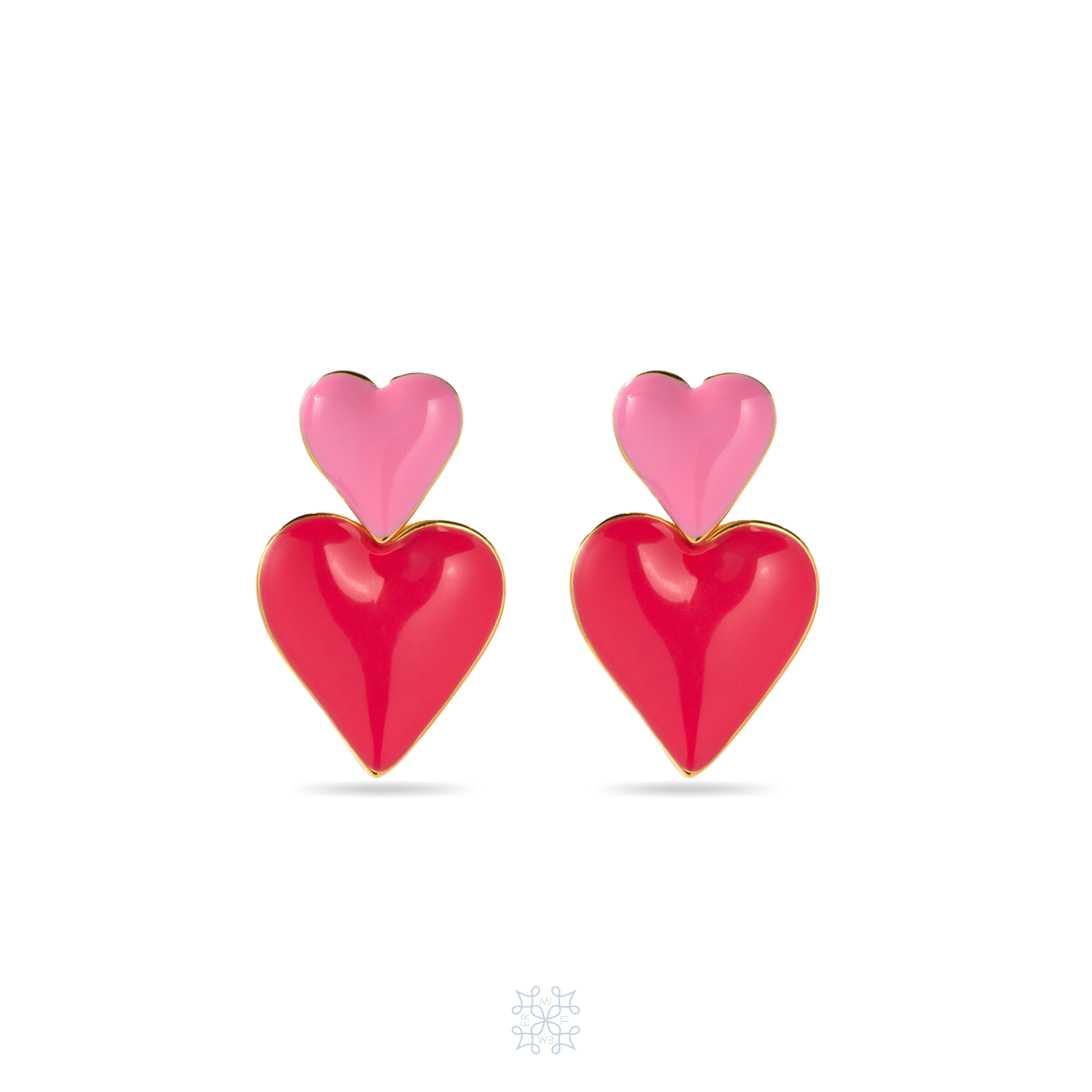 Gold Hearts Drop Earrings. Two hearts attched with one another,  one painted in enamel baby Rose in the top and a bigger one Painted in pink enamel droping in the bottom.