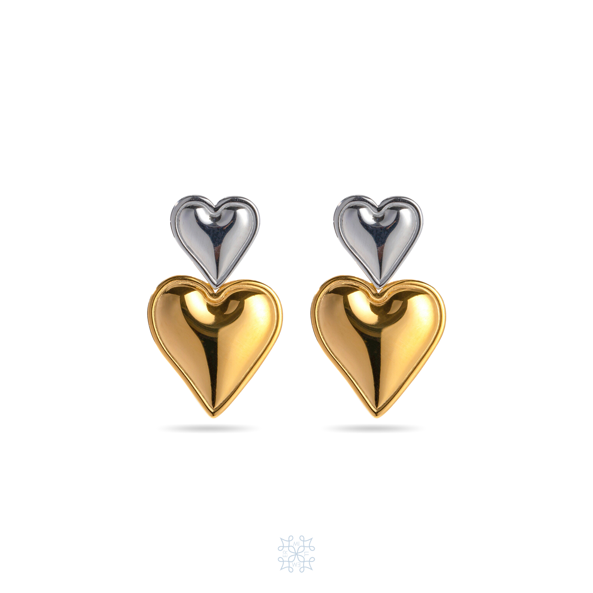 Hearts Gold and Silver Drop Earrings. Smaller Silver Heart on top and bigger gold heart in the bottom.
