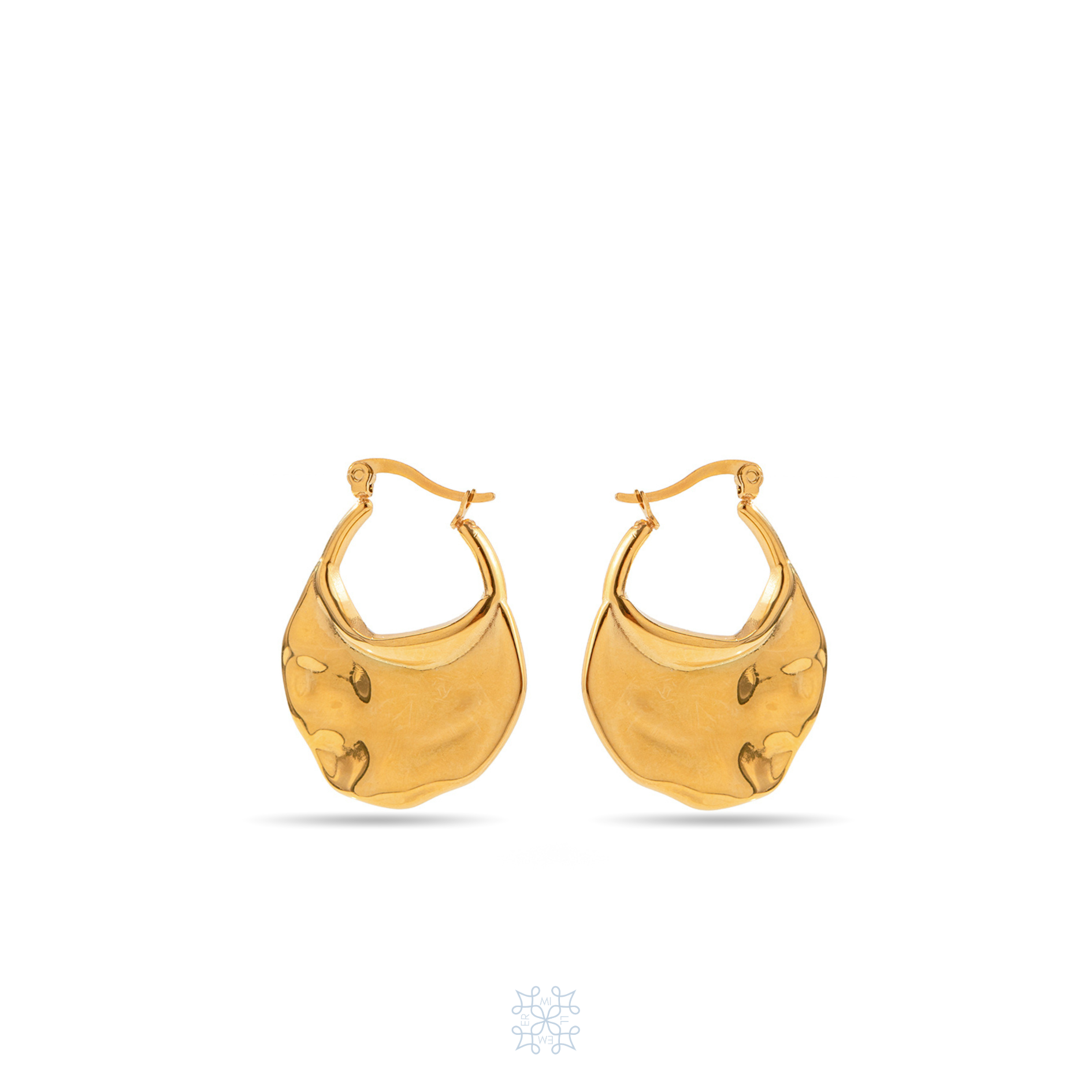 Gold earrings in the irregular oval shape.