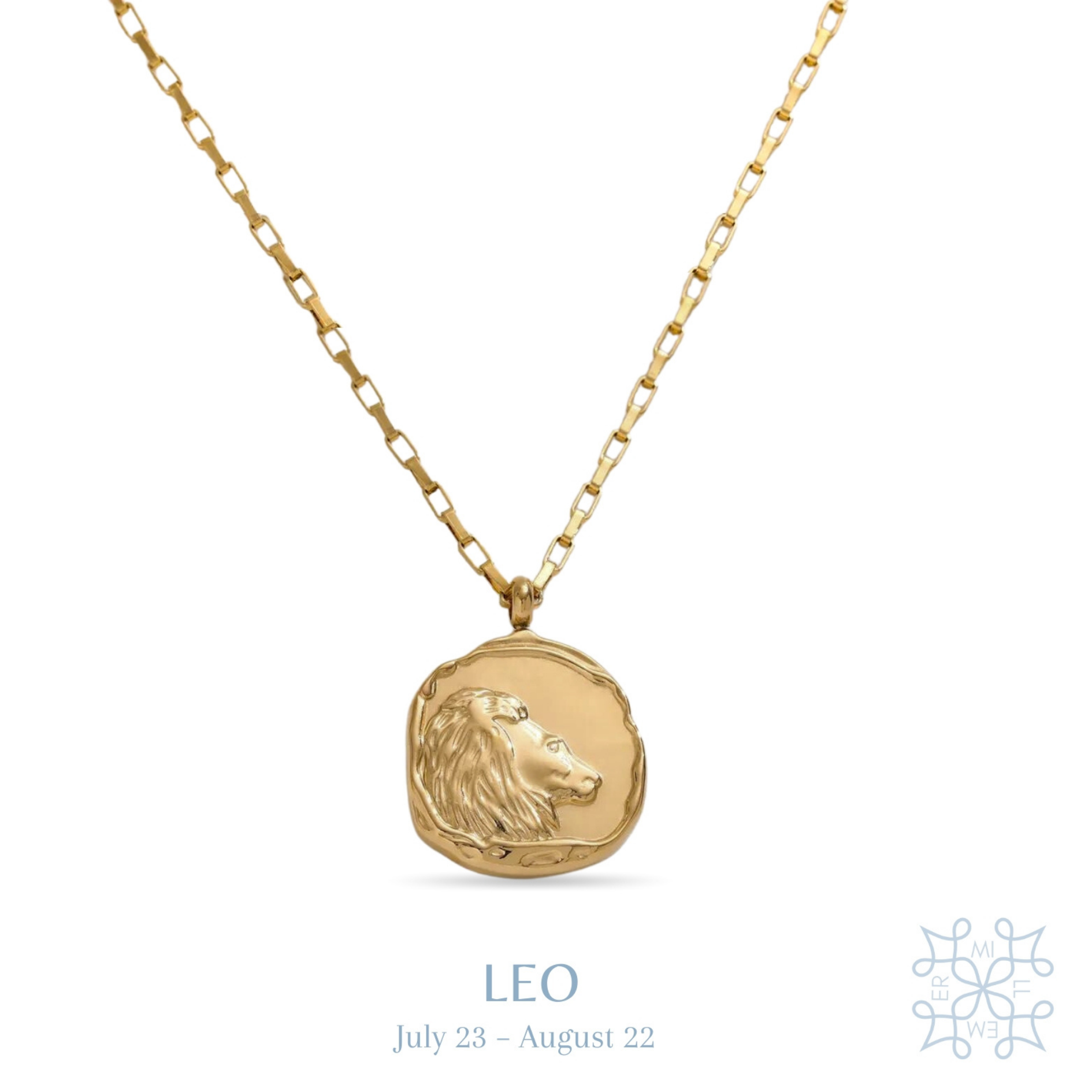 Irregular shape round medallion with Leo symbol in the middle. Gold plated chain and medallion necklace. Leo medallion gold necklace.
