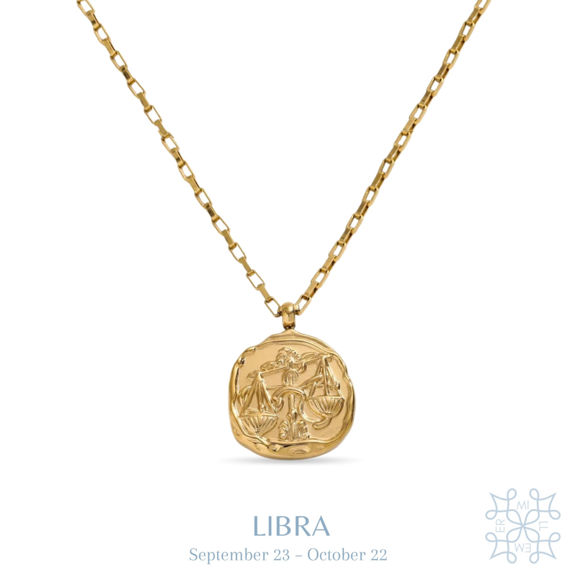 Irregular shape round medallion with Libra symbol in the middle. Gold plated chain and medallion necklace. Libra medallion gold necklace.