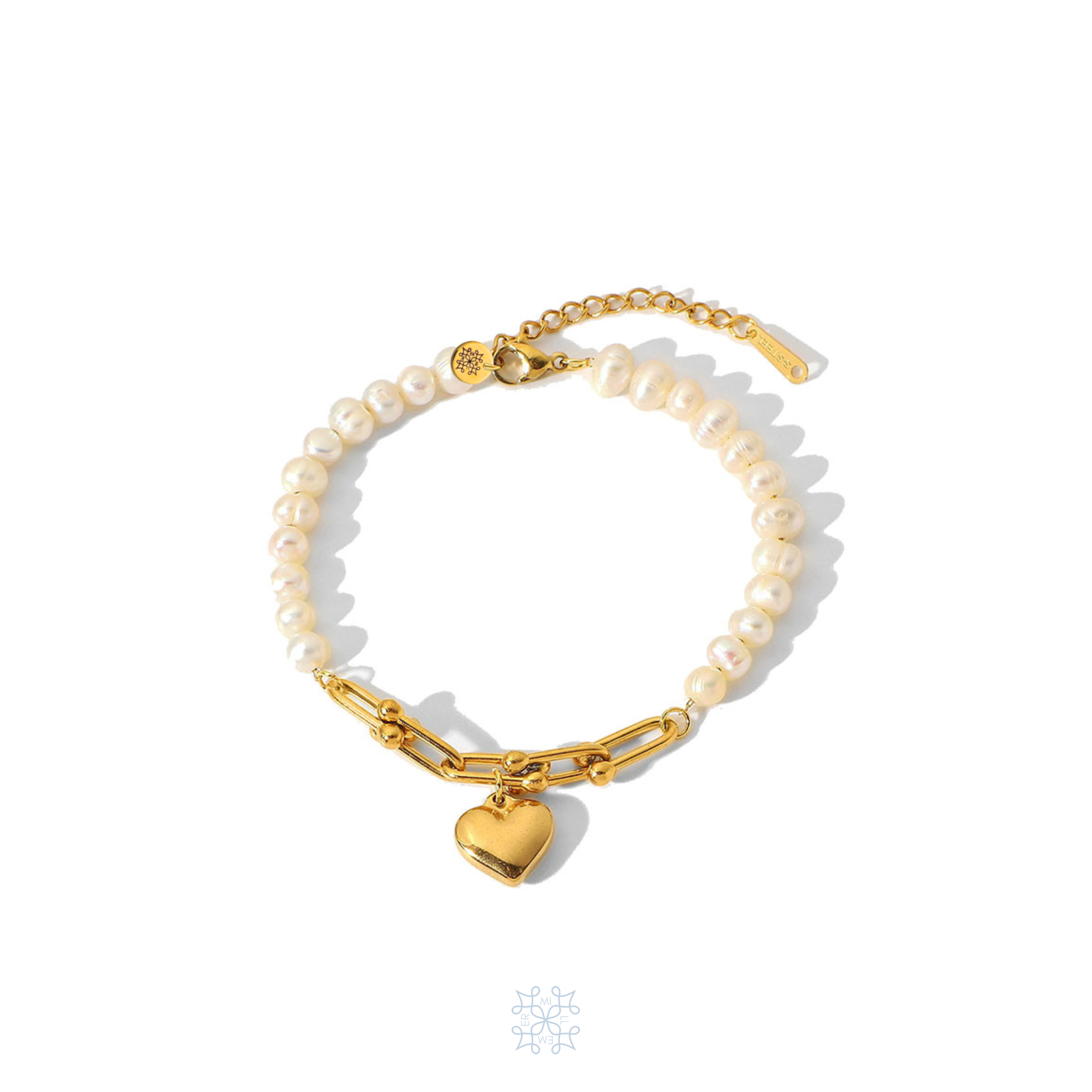 Love Pearl Gold Heart Bracelet. Gold chain and white pearls bracelet with a heart pendant in the middle of the chain part.