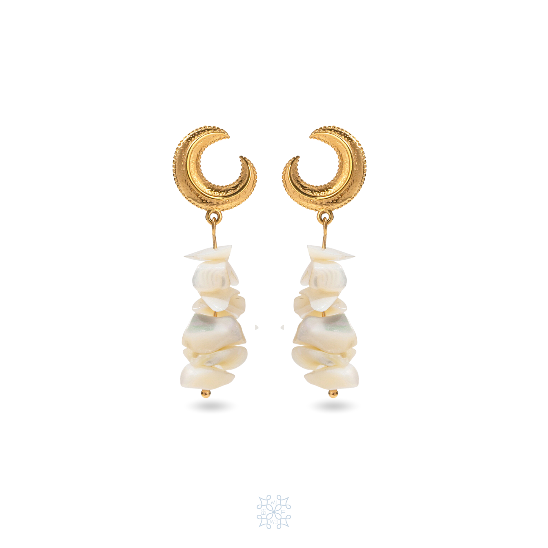 LUNAR irregular baroque white stonepieces attached one with another forming a drop earring. At the top is a gold half moon shaped gold piece.