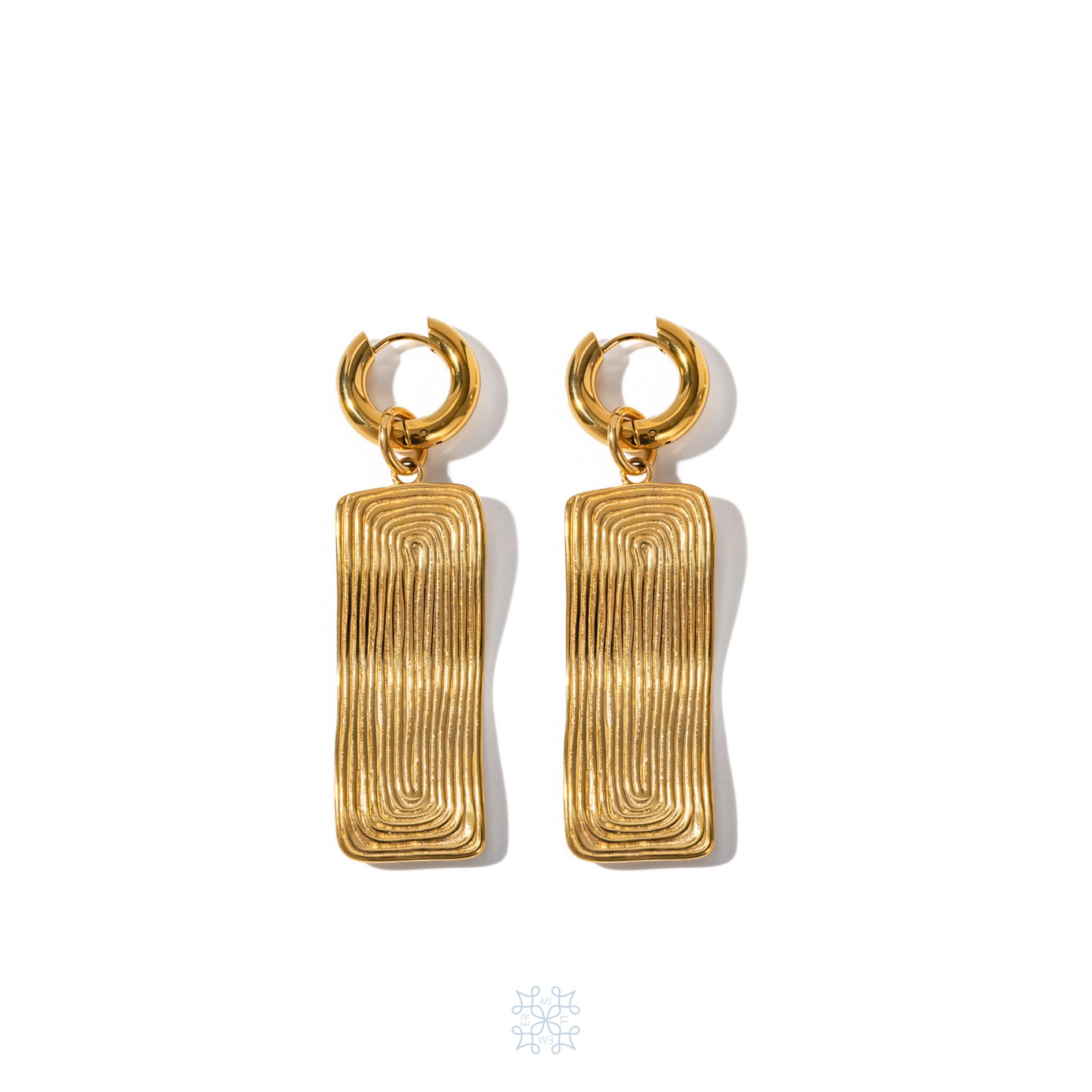 MAYA Gold Drop Earrings - GOLD Earrings, Small Hoop with a big gold rectangular shape drop attached to it.