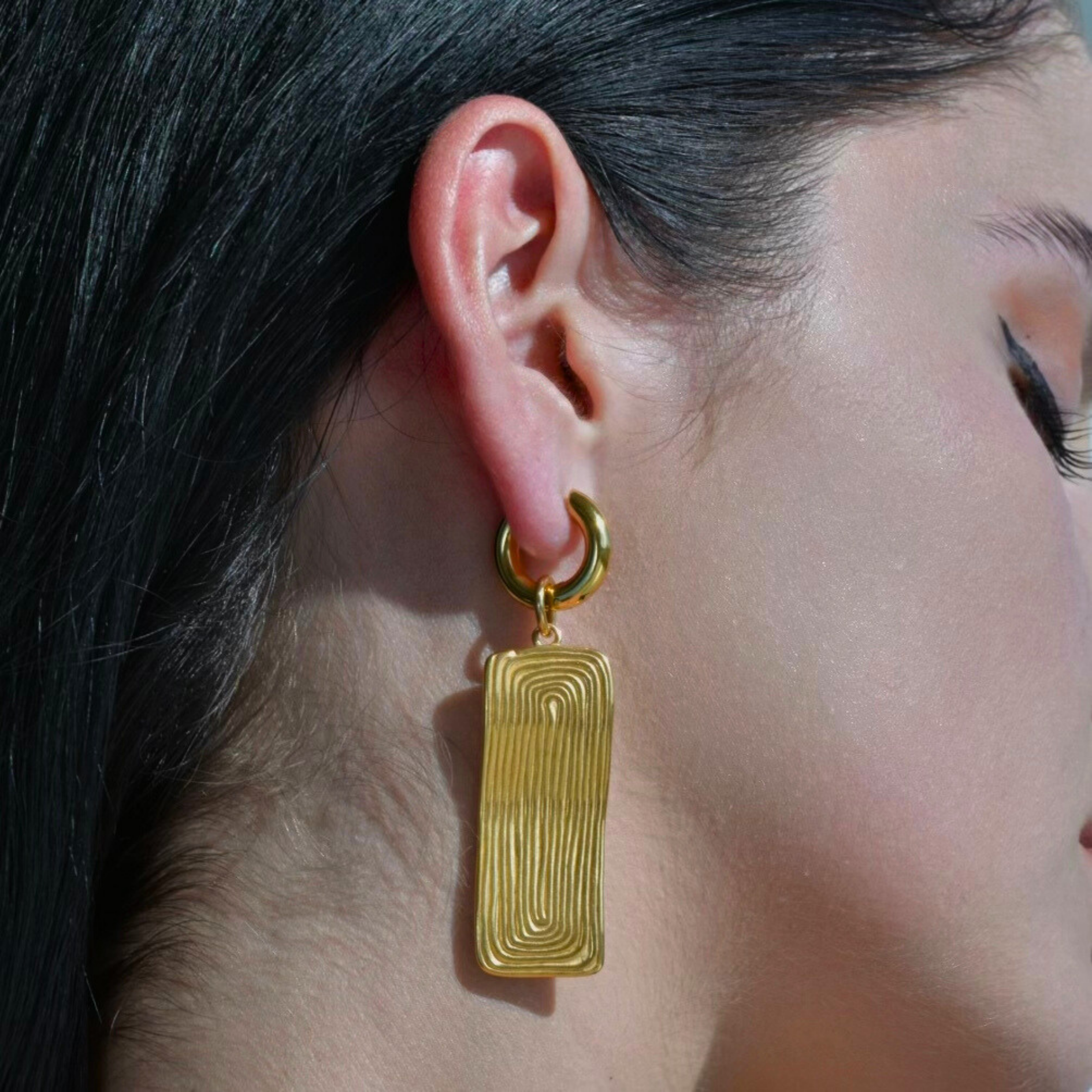 MAYA Gold Drop Earrings - GOLD Earrings, Small Hoop with a big gold rectangular shape drop attached to it.