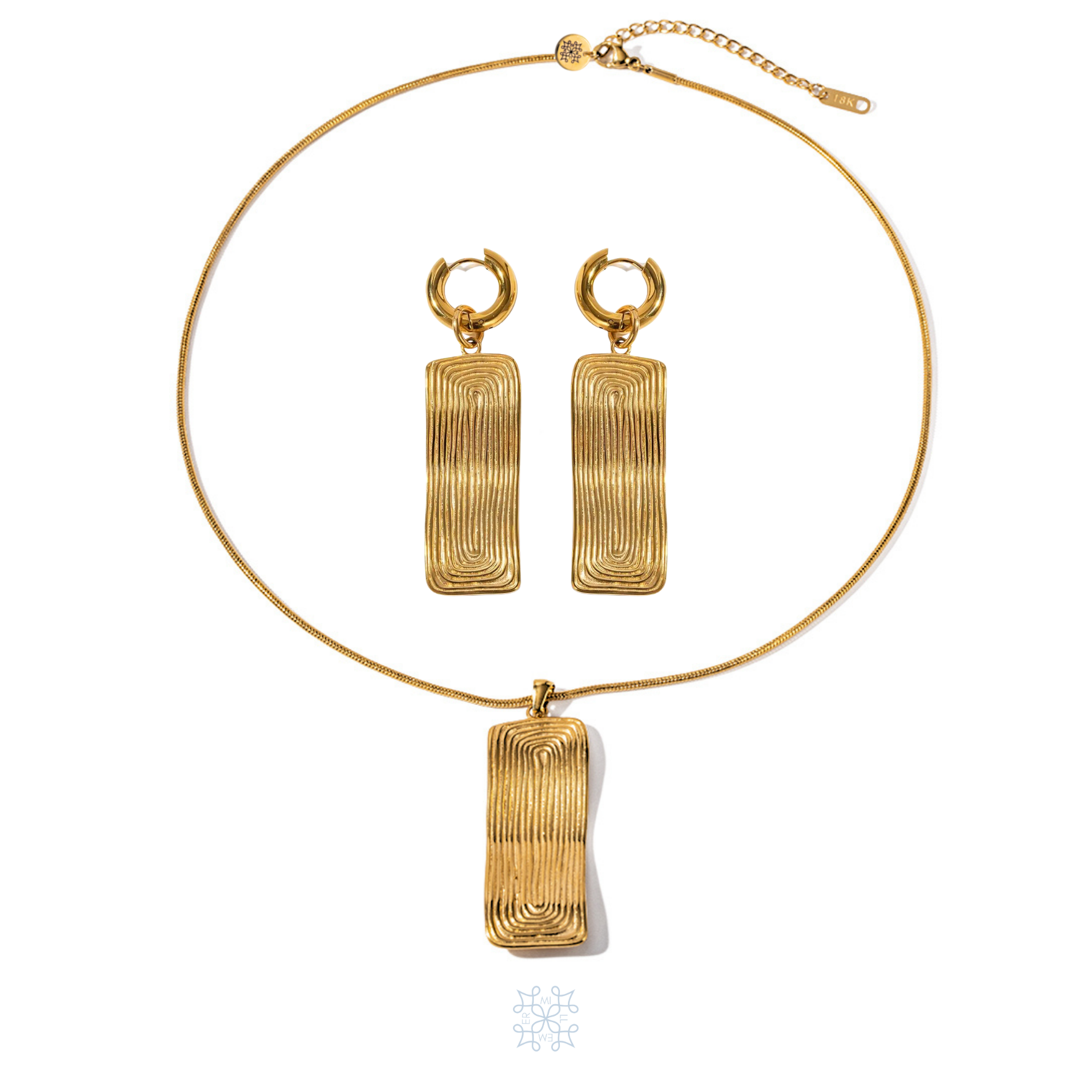 Maya Gold Set. Gold Necklace with an irregular rectangular shape pendant. Hoop gold earrings  with an irregular shape rectangular drop pendant.