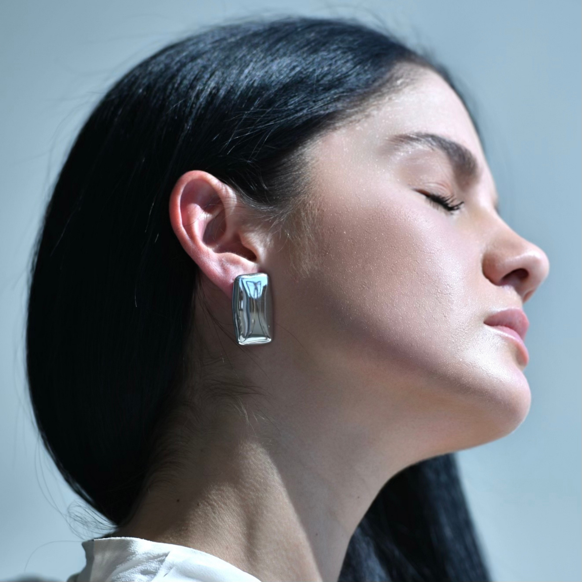 Rectangle silver earrings. rhodium plated. Waterproof earrings. Rectangular irregular shape . Miiror shine surface. Mirror silver waterproof earrings