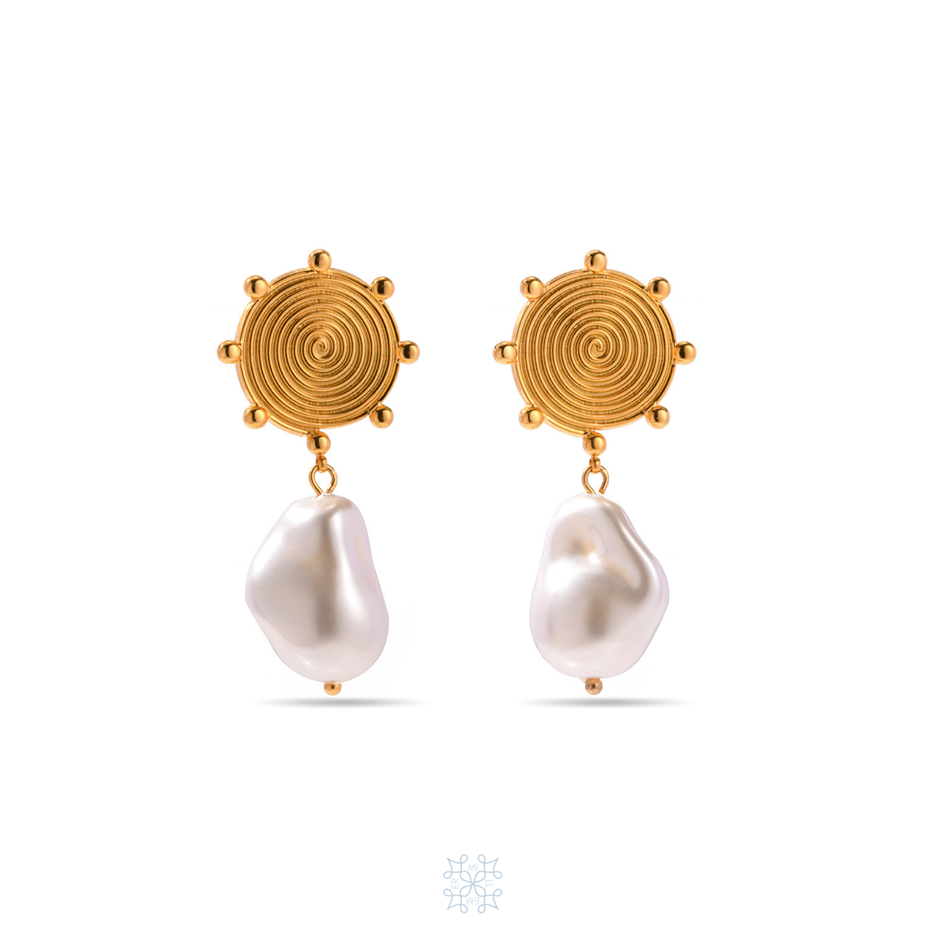 NEST Pearl Gold Earrings. The top part of the earrings is a circle with spiral form engraved on it. In the frame of the circle are 8 decorating small sphere attached. An irregular form whit pearl drop at the bottom of the earring. 